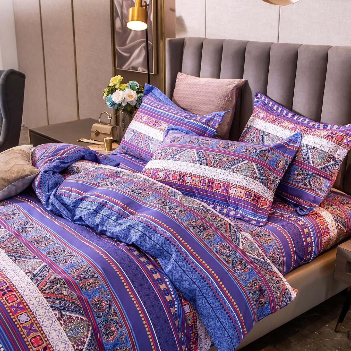 ABREEZE Bohemian Vintage Full Size Floral Cotton Bedding Set 3Pcs Duvet Cover Set Boho Purple Paisley 100% Egyptian Brushed Cotton Reversible Home Bedding Collection