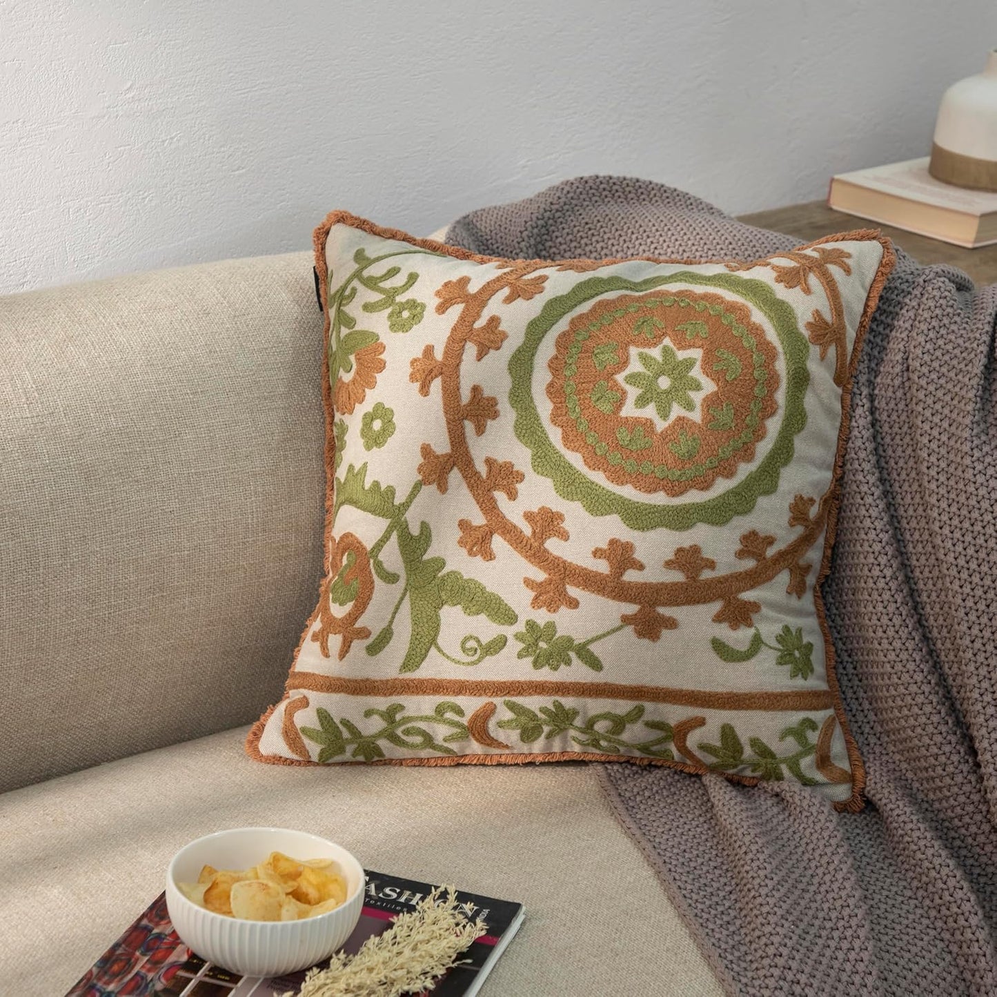 Embroidered Mandala Floral Vintage Indian Cotton Decorative Embroidery Throw Pillow Covers, Fringes Lace Cushion Cover, Pillow Case for Sofa Couch Bed Chair 18" x 18"