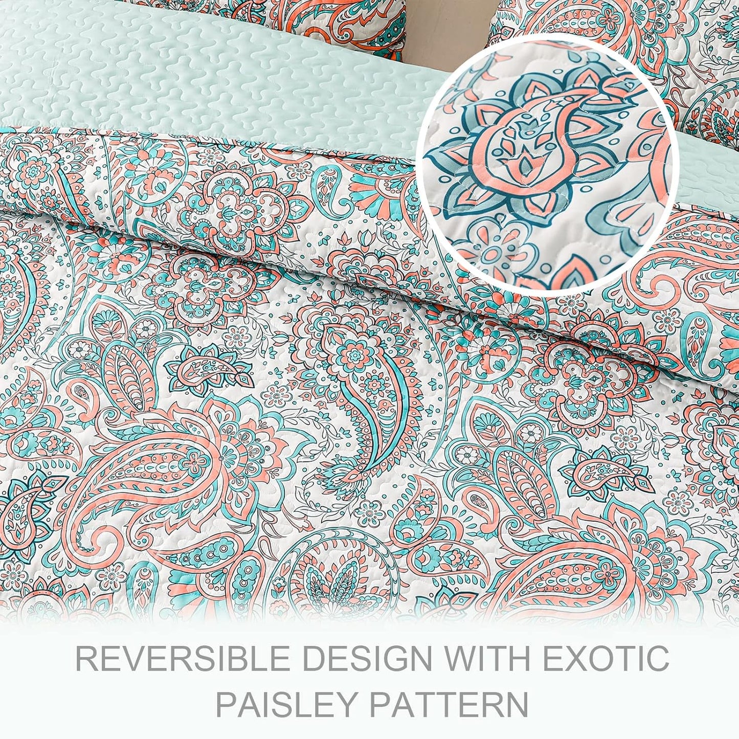 Exclusivo Mezcla Reversible Boho Quilt Set King Size, 3 Pieces Paisley Aqua All Season Bedspreads, Ultra Soft Floral Coverlet Bedding Set with Printed Pattern (1 Quilt, 2 Pillow Shams)