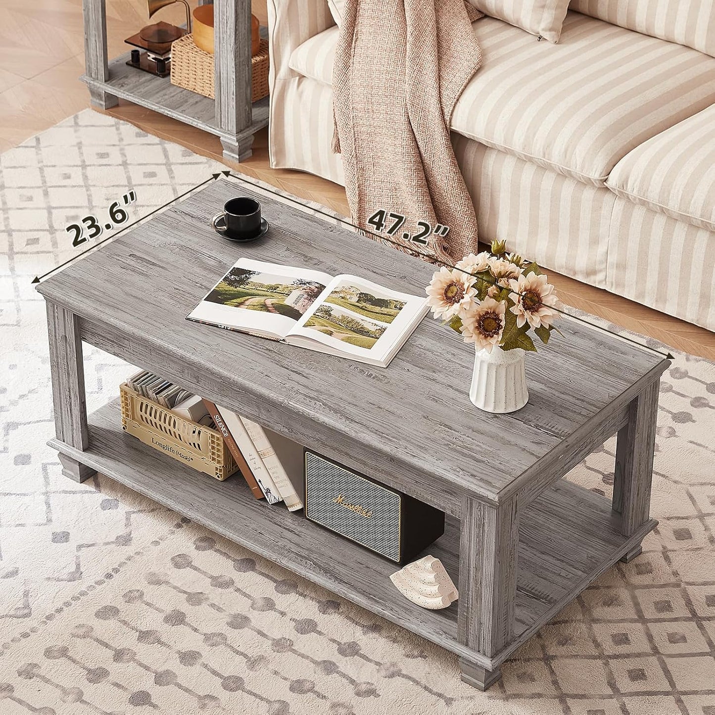 Farmhouse Coffee Tables for Living Room,Square Tea Table with Open Storage Shelf,Large Coffee Table,Rustic Wooden Center Table,Gray