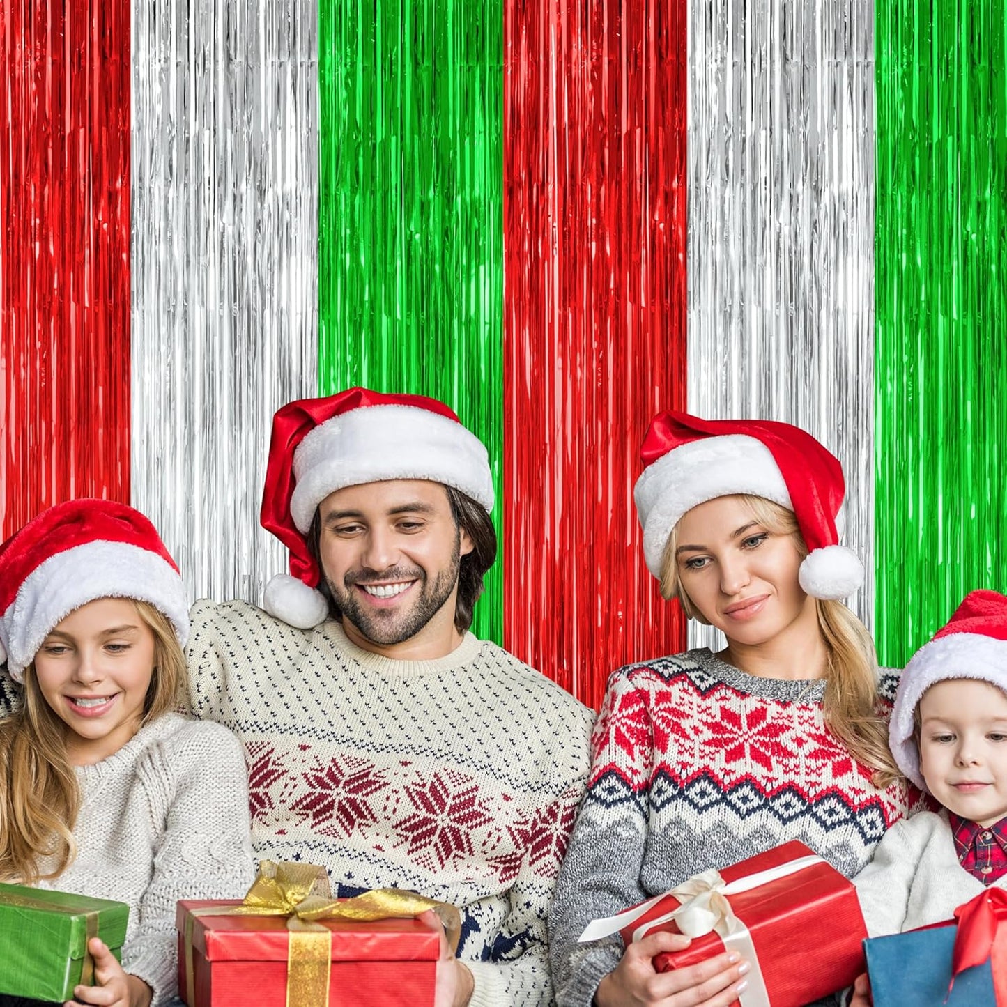 12 Pack Christmas Party Backdrop, 3.28 FT x 7.05 FT Red Silver Green Foil Streamer, Metallic Fringe Curtains Tinsel Streamer, Hanging Christmas Decorations Picture Props Door Decor