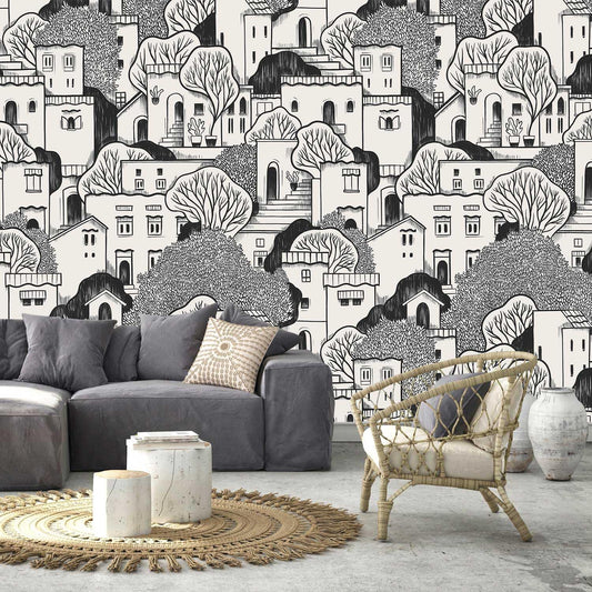 AFZEVEB-Black House with Trees Nursery Wallpaper murals for Bedroom 114"x74" (Not Peel and Stick)