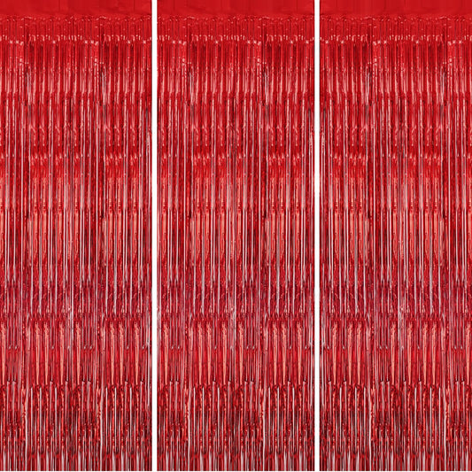 3 Pack Foil Fringe Backdrop - Red Shiny Tinsel Curtains for Party Decoration/Photo Booth Props - 3.3x8.2 FT Metallic Foil Backdrop for Birthday, Wedding, Graduation, Christmas.