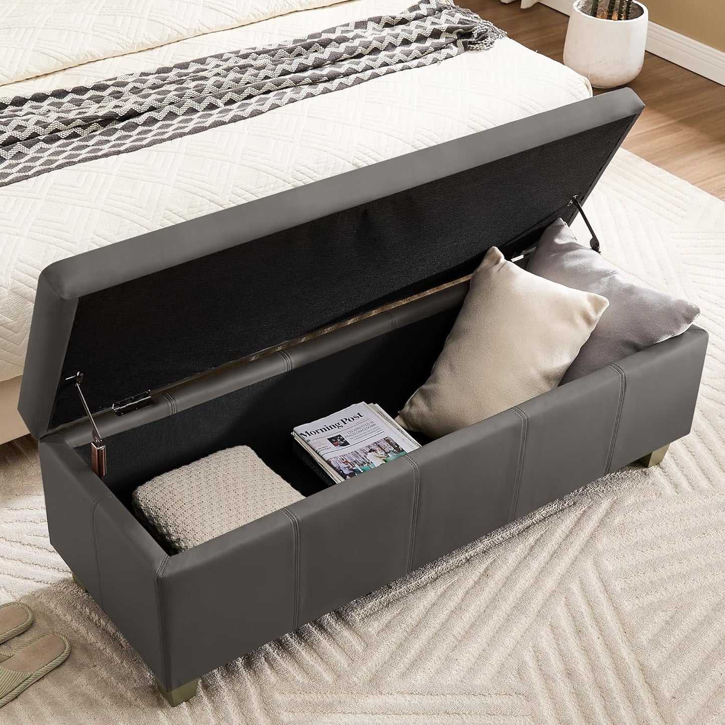 41" Faux Leather Storage Ottoman, Stitch Tufted Rectangle Upholstered End of Bed Storage Bench, Entryway Large Couch Ottoman with Wooden Legs,Dark Grey