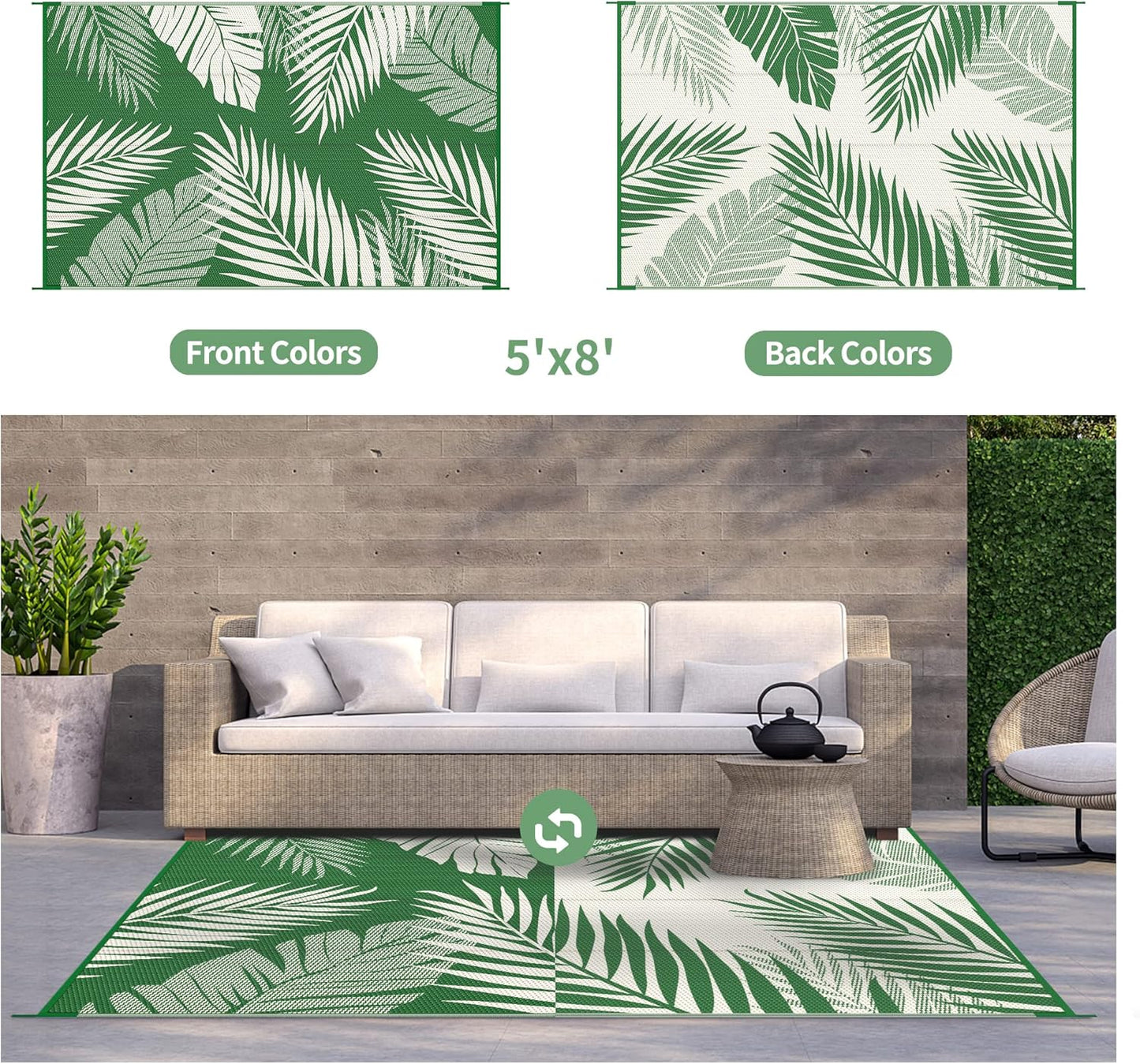 GENIMO Outdoor Rug 5' x 8' Waterproof for Patios Clearance, Reversible Plastic Straw Camping Rug Carpet, Large Area Rugs Mats for RV, Picnic, Backyard, Deck, Balcony, Porch, Dark Green&White