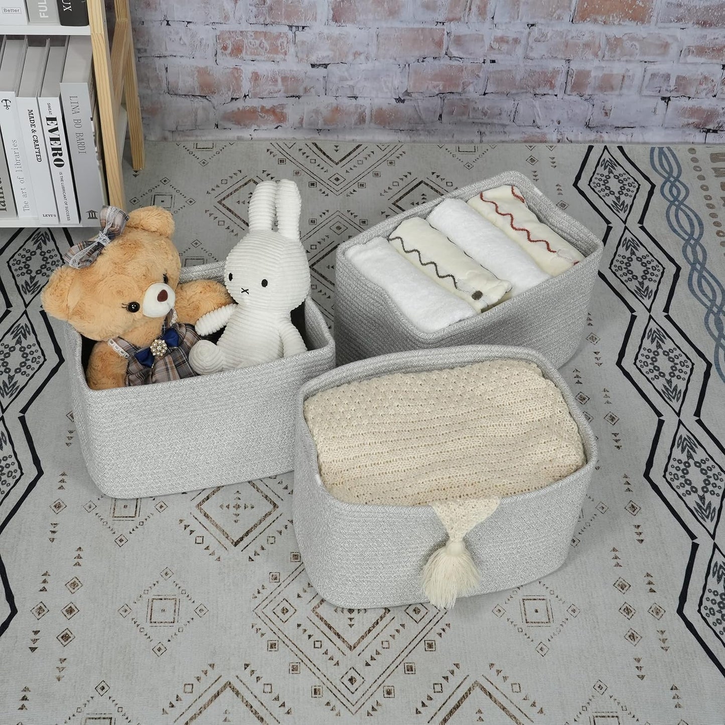 Cotton Rope storage Basket Bins Woven Basket for Organizing Shelves 14.5X9.5X9.3“ Rectangle Decorative Baskets For storage Clothes Toys Books Towels Square Wicker Nursery basket organizer 3 pack grey
