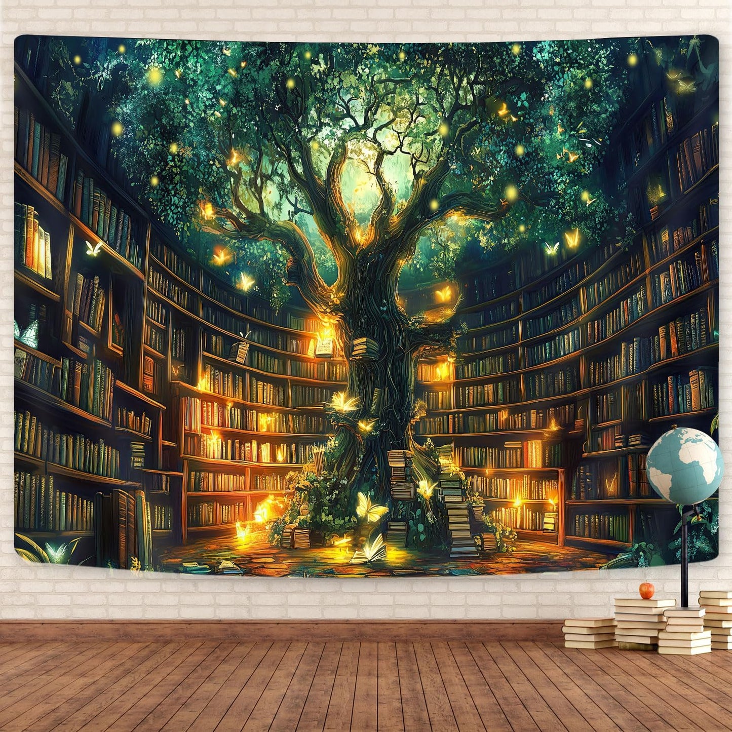 Fantasy Library Tapestry, Fairytale Tree Magic Bookshelf Aesthetic Tapestries for Classroom, Witchy Fairy Tree Mysterious Vintage Bookshelf Book Art Tapestry Wall Hanging College Room Bedroom, 60X40