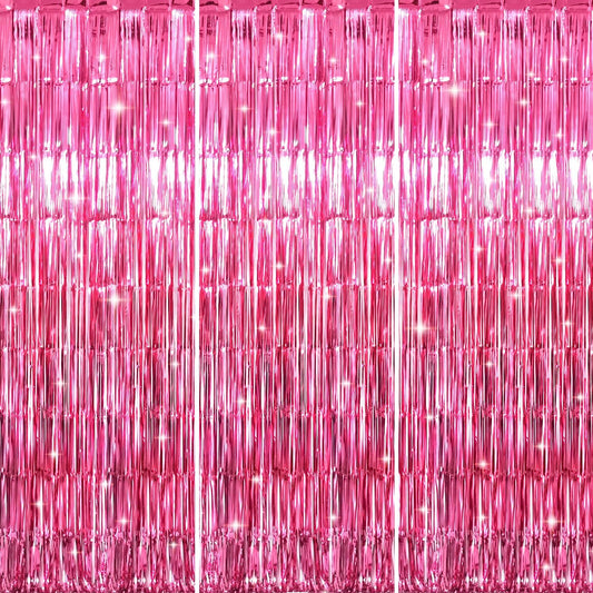 GOER 3.2 ft x 8.2 ft Metallic Tinsel Foil Fringe Curtains Party Photo Backdrop Party Streamers for Galentines Day,Birthday,Graduation,New Year Eve Decorations Wedding Decor (3 Pcs, Hot Pink)