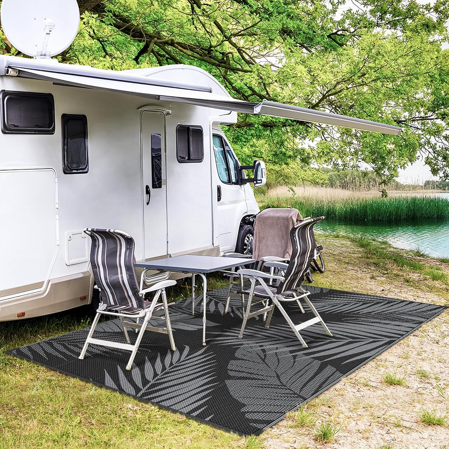 GENIMO Outdoor Rug 8' x 10' Waterproof for Patios Clearance, Reversible Outdoor Plastic Straw Camping Rug Carpet, Large Area Rugs Mats for RV, Camper, Deck, Balcony, Porch, Beach, Picnic, Black&Grey