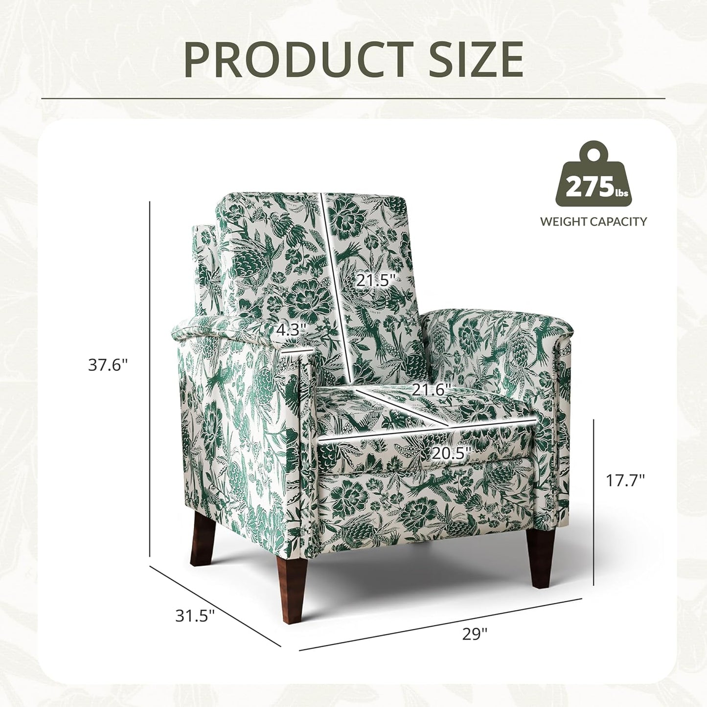 Floral Accent Chair Set of 2, High Back Upholstered Armchair with Solid Wooden Legs, Padded Armrest and Removable Comfortable Cushioned Seat Single Sofa for Living Room, Bedroom, Green