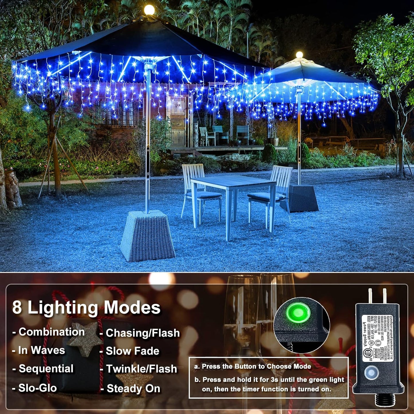 98FT Blue Icicle Lights for Outside, 1216 LED Icicle Christmas Lights with 8 Modes 228 Drops, Curtain Twinkle Lights for Indoor Outdoor Bedroom House Holiday Party Wedding Decorations