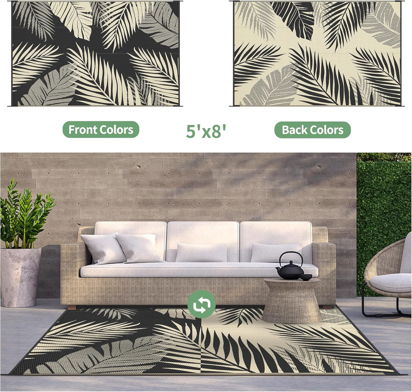 GENIMO Outdoor Rug 5' x 8' Waterproof for Patios Clearance, Reversible Outdoor Plastic Straw Camping Rug Carpet, Large Area Rugs Mats for RV, Picnic, Backyard, Deck, Balcony, Porch, Beach, Black&Beige