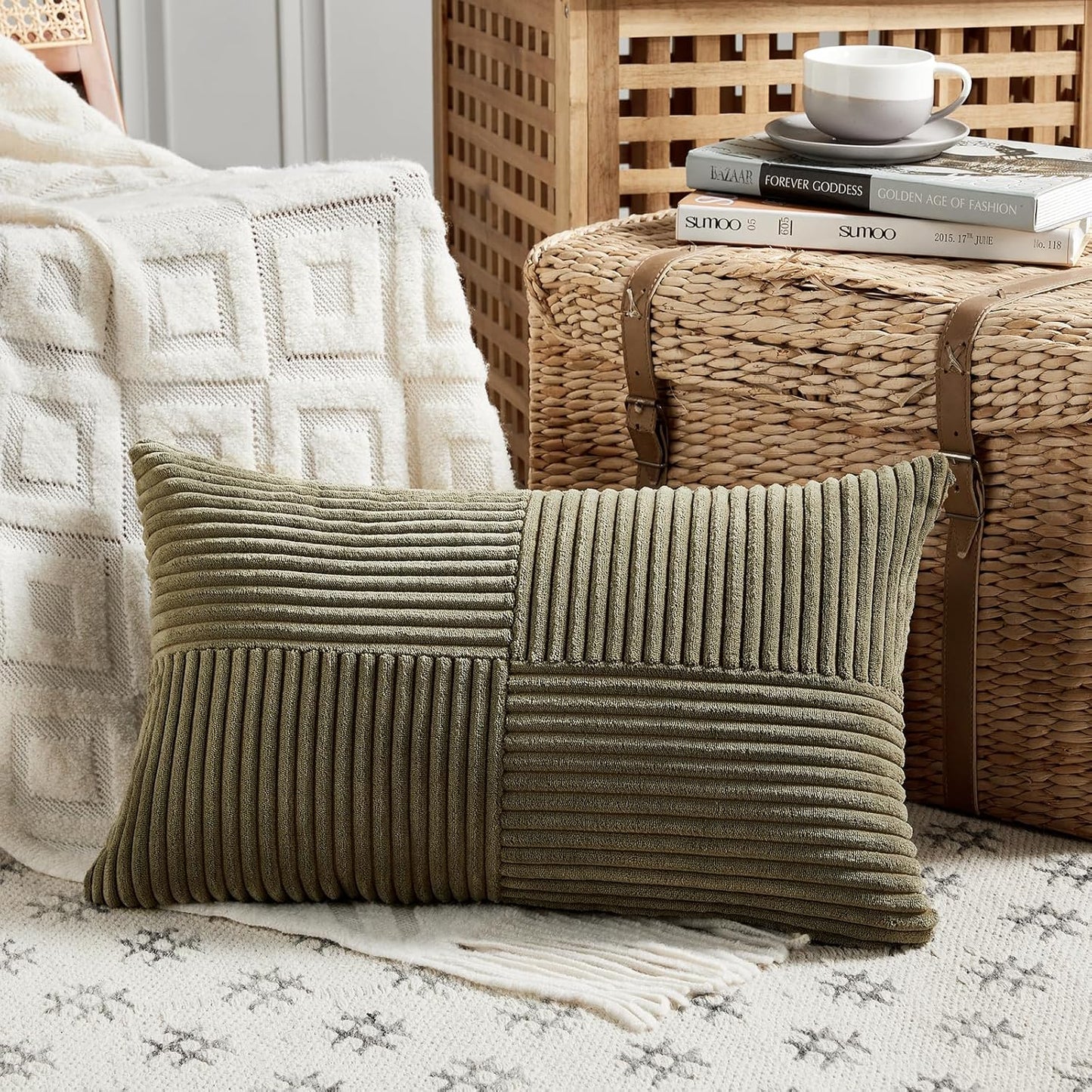 Fancy Homi 2 Packs Olive Green Long Lumbar Decorative Throw Pillow Covers 12x24 Inch for Couch Bed Sofa, Rustic Farmhouse Boho Home Decor, Soft Striped Corduroy Rectangle Accent Cushion Case 30x60 cm