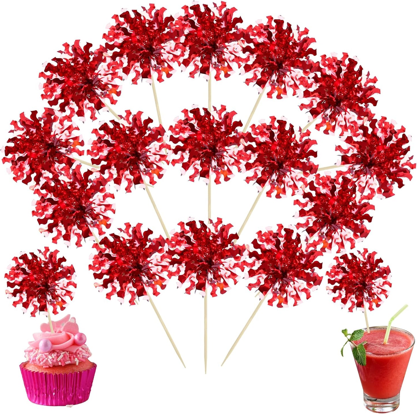 Ephlyn 30Pcs Foil Firework Cupcake Toppers Happy Birthday Cake Toppers Tinsel Flower Drink Stirrers Cocktail Food Fruit Toothpicks for Valentine's Day Party Decorations Red