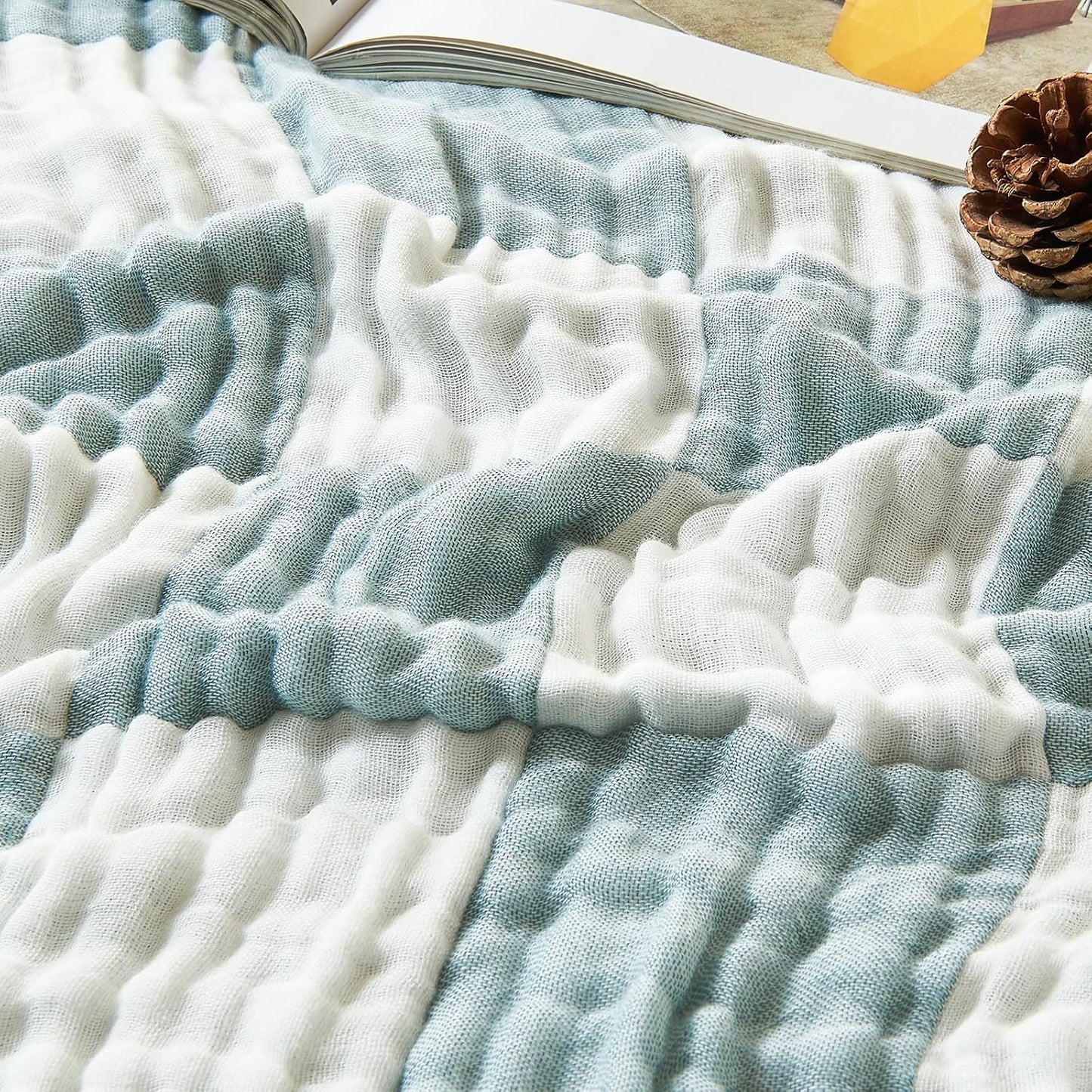 EMME Checkered Cotton Blanket Twin Large 60"x80" 100% Muslin for Couch Breathable Cooling Gauze All Season Soft and Lightweight (Teal)