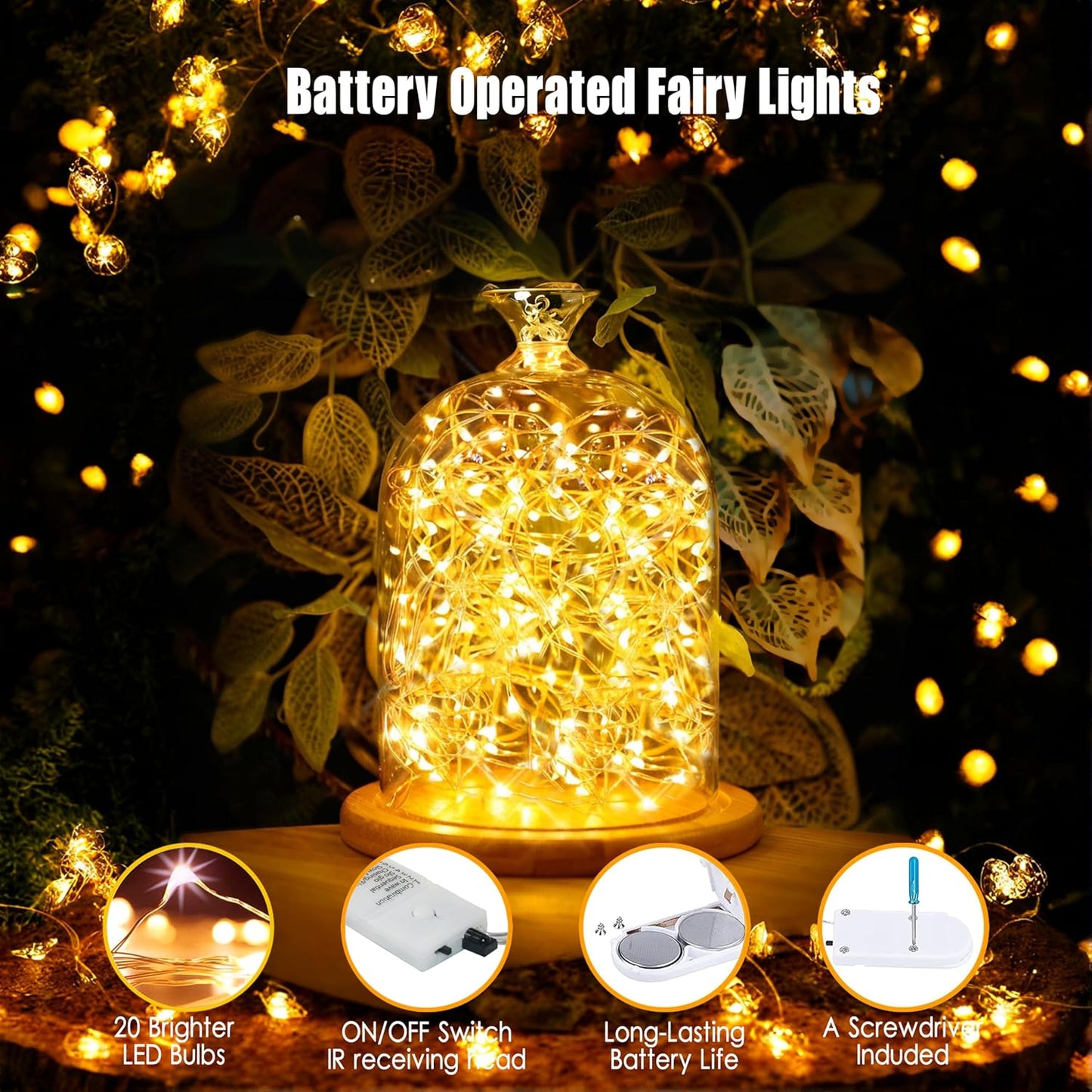 6 Pack Fairy Lights Battery Operated with Timer 2PCS Remote 6.5ft 20LED Warm White Twinkle Lights Waterproof Silver Wire Fireflies Lights DIY Mason Jar Wedding Party Christmas Centerpiece Table Deco