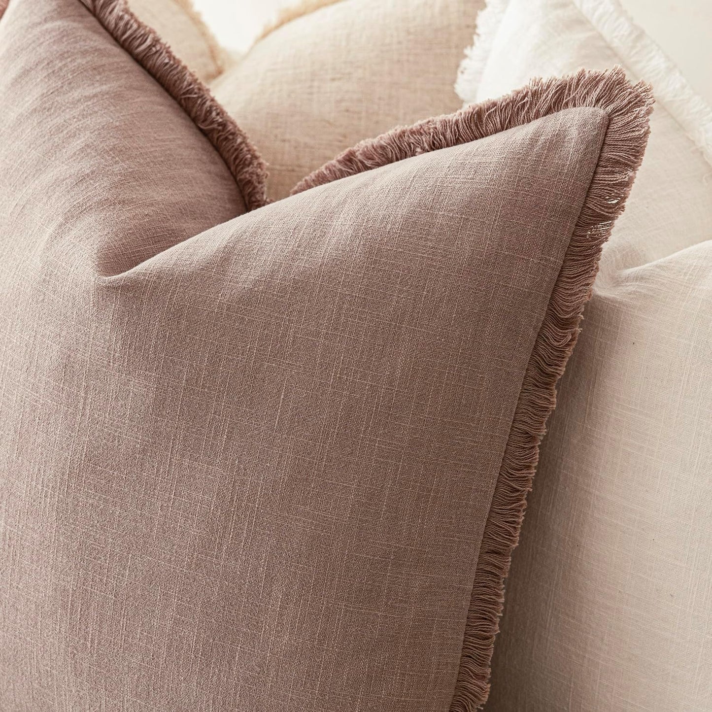 Foindtower Set of 2 Decorative Linen Fringe Throw Pillow Covers Boho Farmhouse Cushion Cover with Tassels Soft Accent Pillowcase for Couch Sofa Bed Living Room Home Decor,22×22 Inch,Dusty Pink