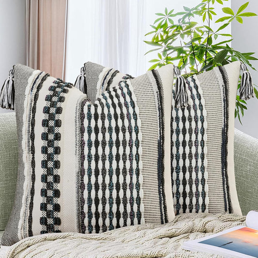 AmHoo Set of 2 Chenille Striped Textured Boho Throw Pillow Covers Aesthetic with Tassels Woven Decorative Pillow Case for Couch Bed Sofa Bedroom Modern Funky 18 x 18-Inch Black Multicolor