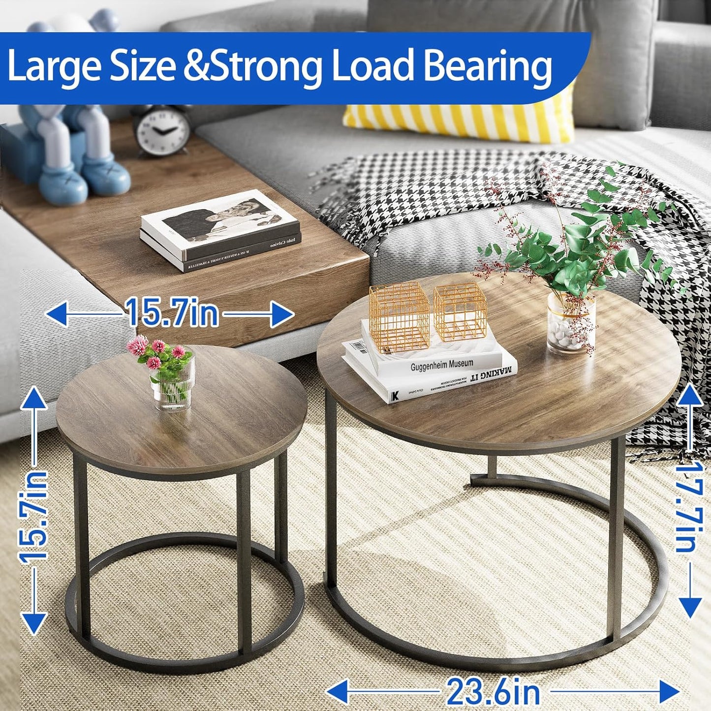 aboxoo Coffee Table Nesting Side Round Table Set of 2 End Table with Sturdy Metal Frame for Living Room Bedroom Apartment Modern Industrial Simple Nightstand,Oak