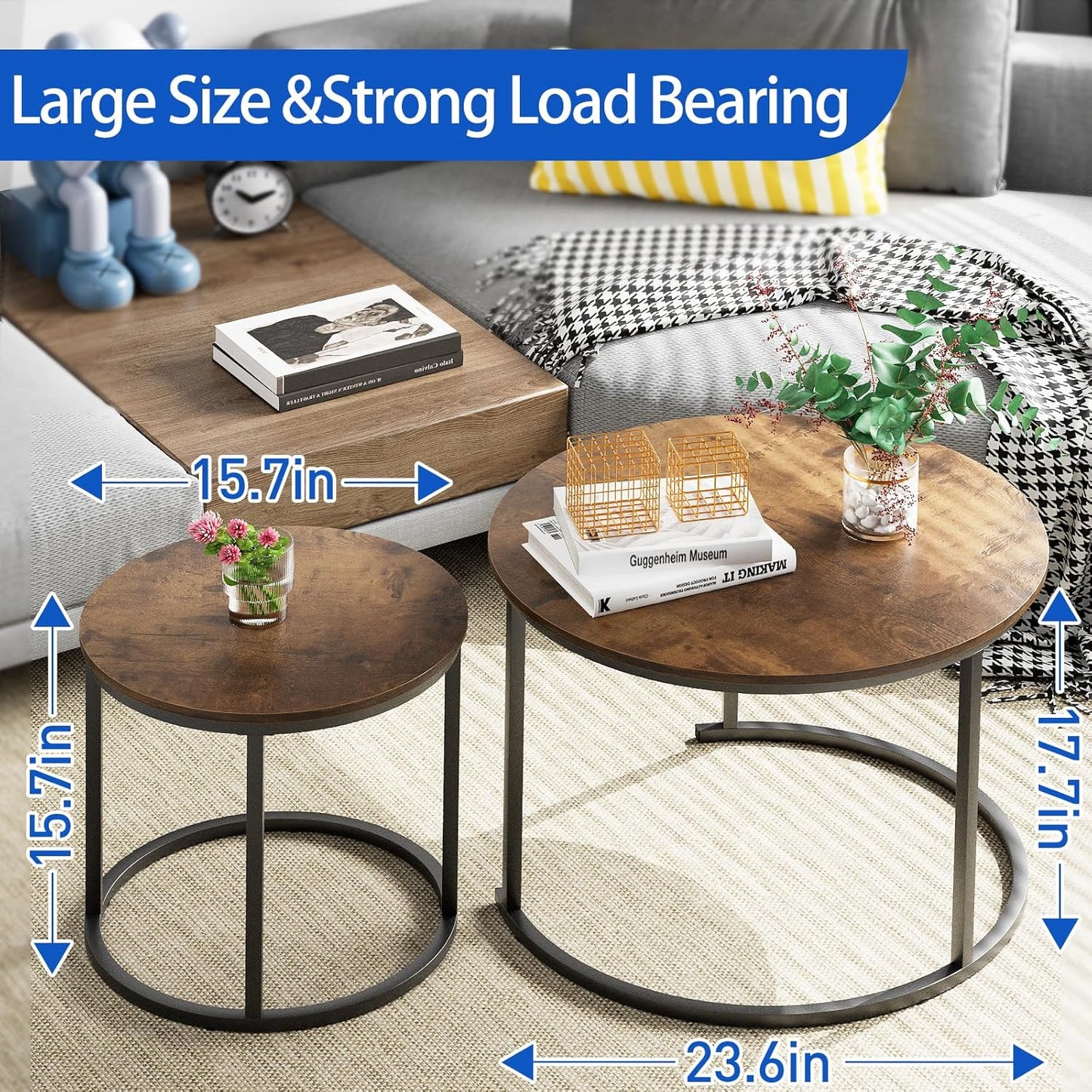 aboxoo Coffee Table Nesting Round Table Set of 2 Side Table with Sturdy Metal Frame for Living Room Bedroom Apartment Modern Industrial Simple Nightstand,Rustic Brown