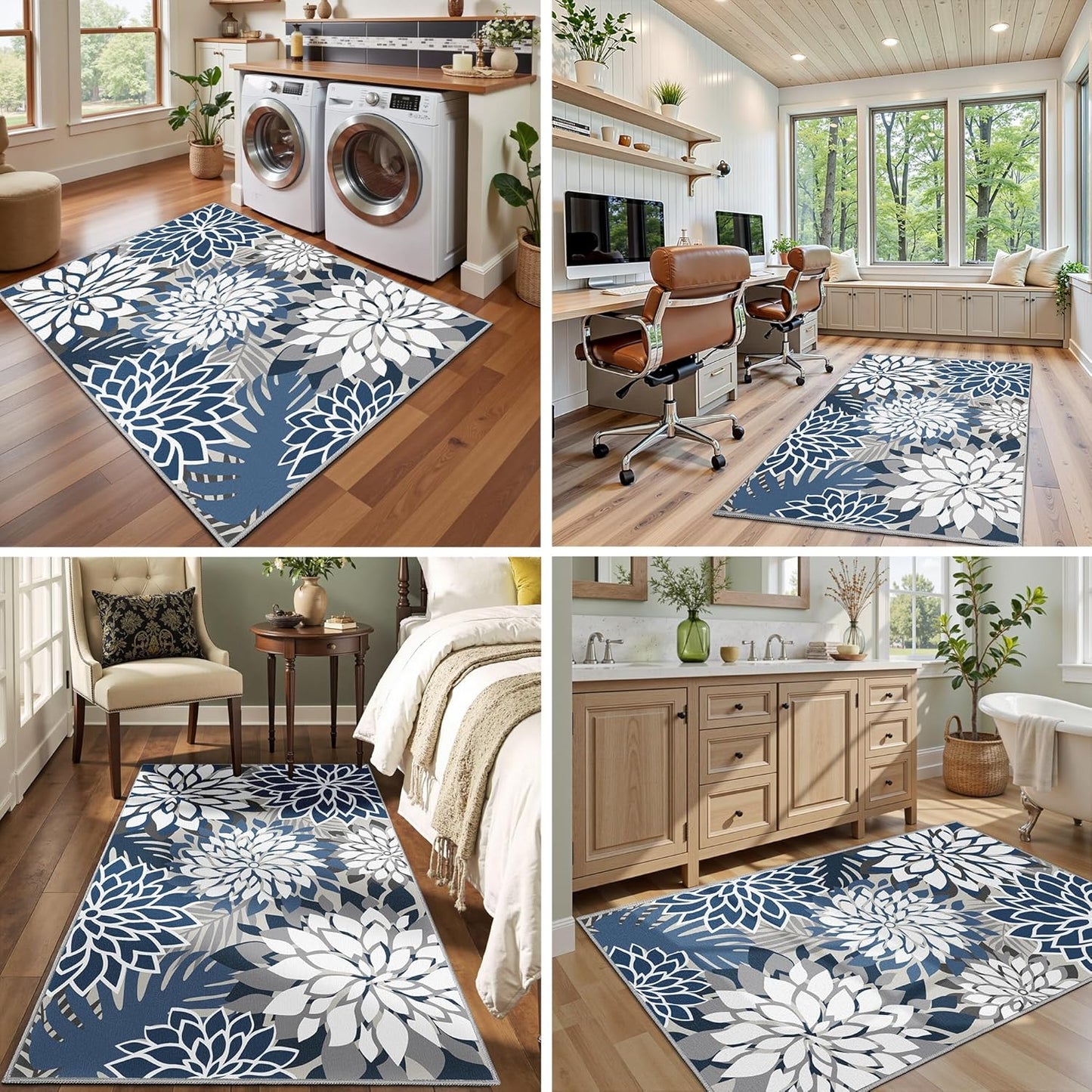 Area Rug 3x5 Blue White Washable Entry Rug Multicolored Tropical Botanical Modern Floral Indoor Kitchen Door Mat Entrance Carpet Non Slip for Bedroom Living Room, Porch