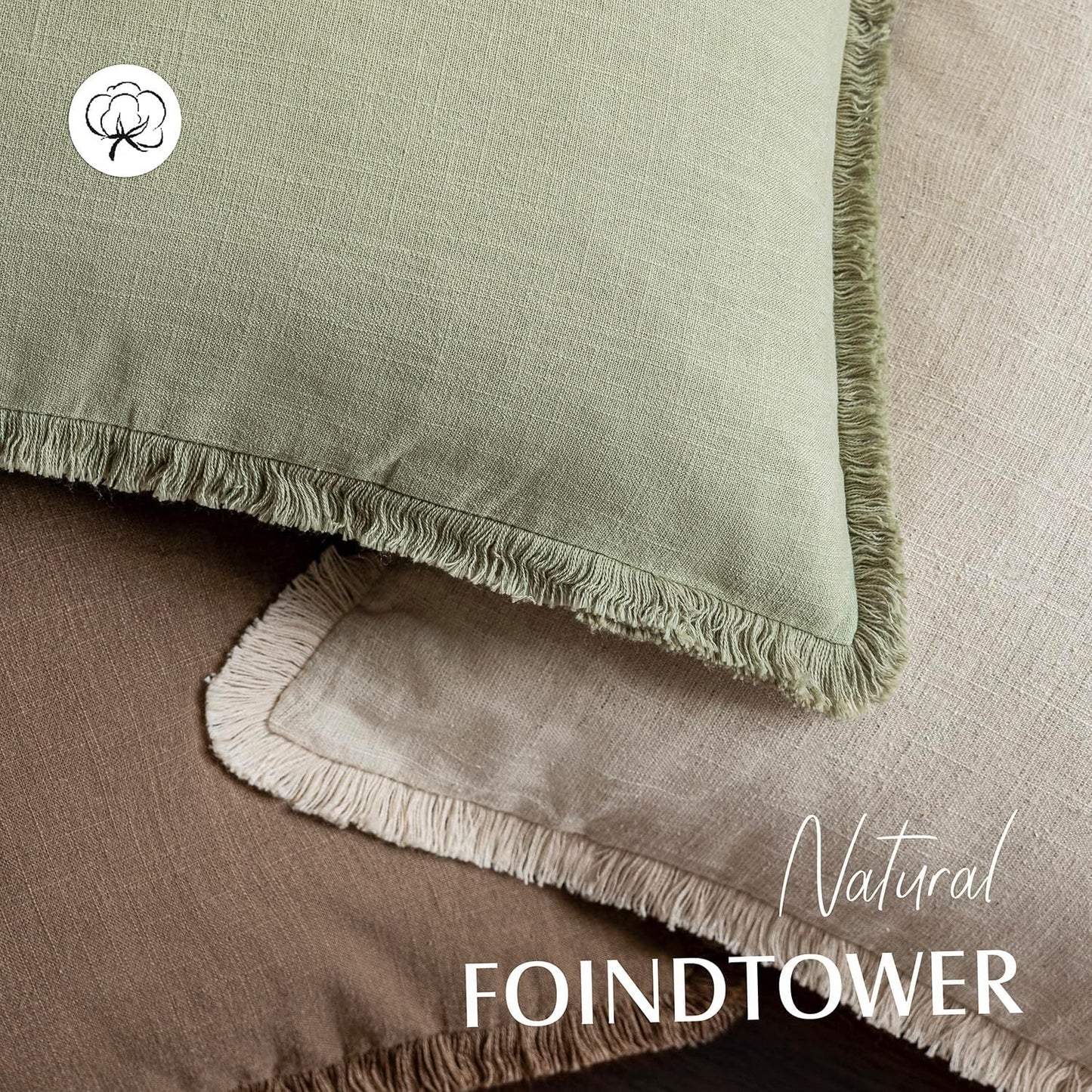 Foindtower Set of 2 Decorative Linen Fringe Throw Pillow Covers Cozy Boho Farmhouse Cushion Cover with Tassels Accent Pillowcase for Couch Sofa Bed Living Room Home Decor,26×26 Inch,Light Sage Green