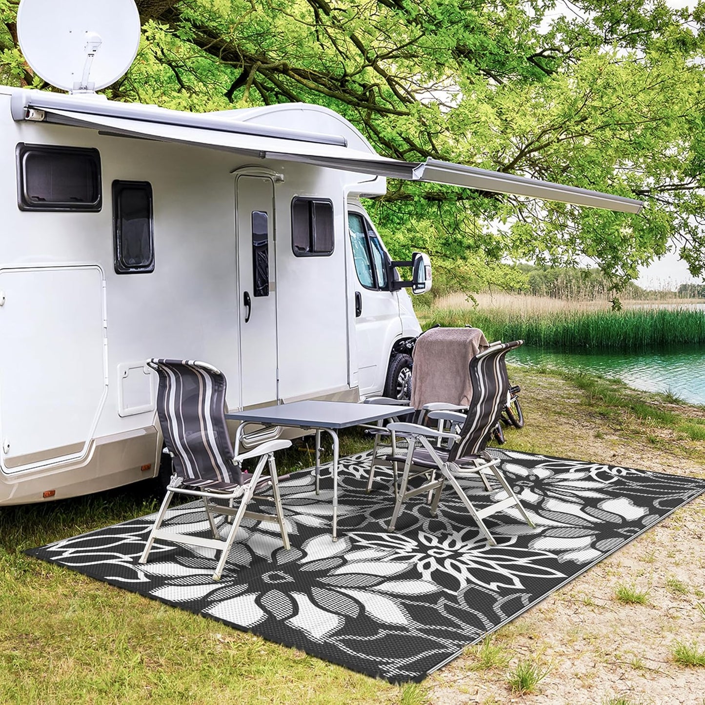 GENIMO Outdoor Rug Waterproof for Patio Decor, 8' x 10' Reversible Plastic Straw Floral Camping Carpet, Large Area Rugs Mats for RV, Camper, Deck, Balcony, Porch, Beach, Picnic, Black & White