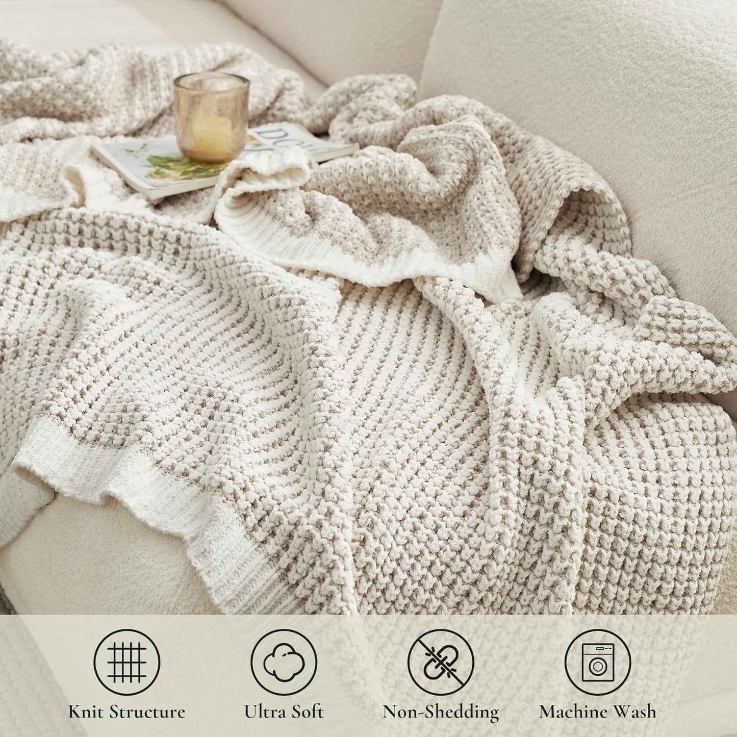 Amélie Home Chenille Waffle Throw Blanket for Couch, Reversible Pineapple Stitch Knit Soft Cozy Knit Blanket Lightweight Warm Decorative Throw for Sofa, Bed, Living Room, 60"x80", Beige&Ivory