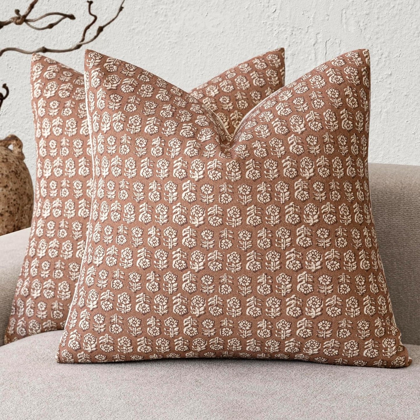 Foindtower Set of 2 Decorative Vintage Floral Print Throw Pillow Covers Neutral Farmhouse Cushion Covers Boho Home Decor for Sofa Couch Chair Bedroom Living Room Outdoor,20×20 Inch,Light Orange Brown