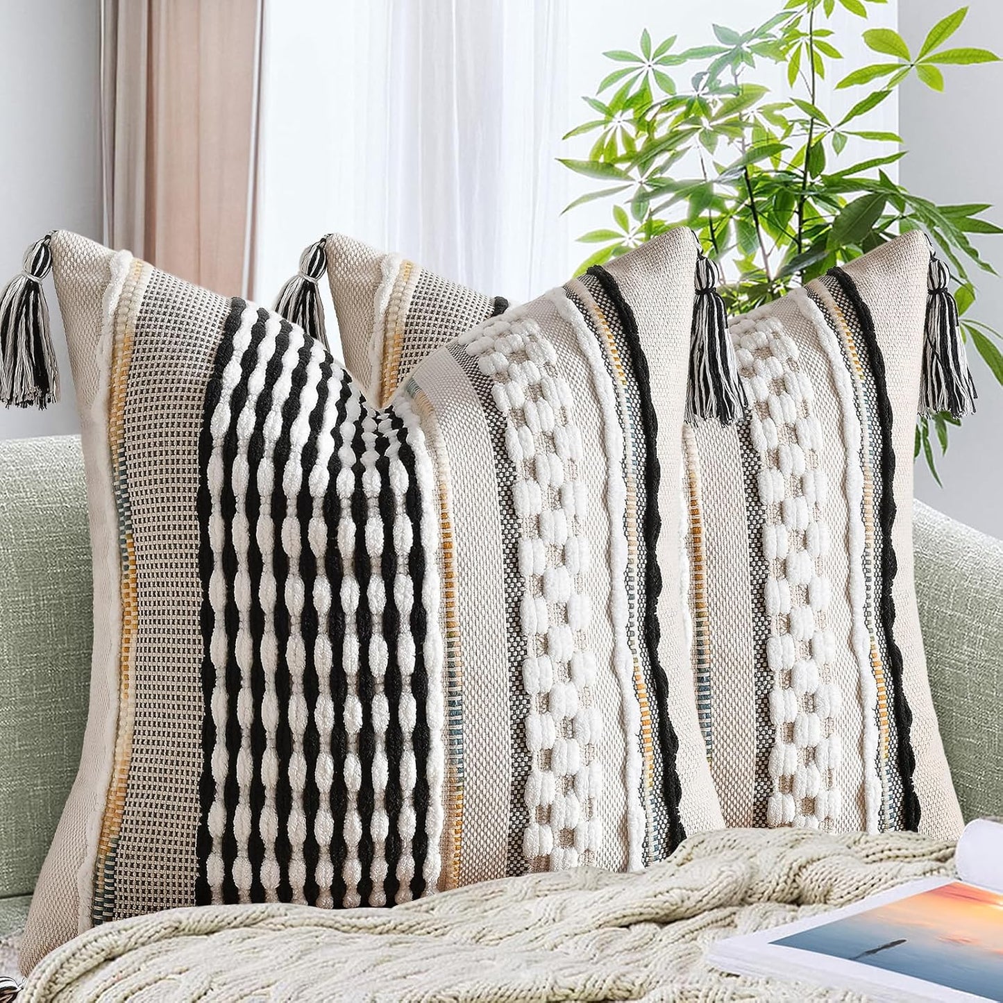 AmHoo Set of 2 Chenille Striped Textured Boho Throw Pillow Covers Aesthetic with Tassels Woven Decorative Pillow Case for Couch Bed Sofa Bedroom Modern Funky 18 x 18-Inch Black