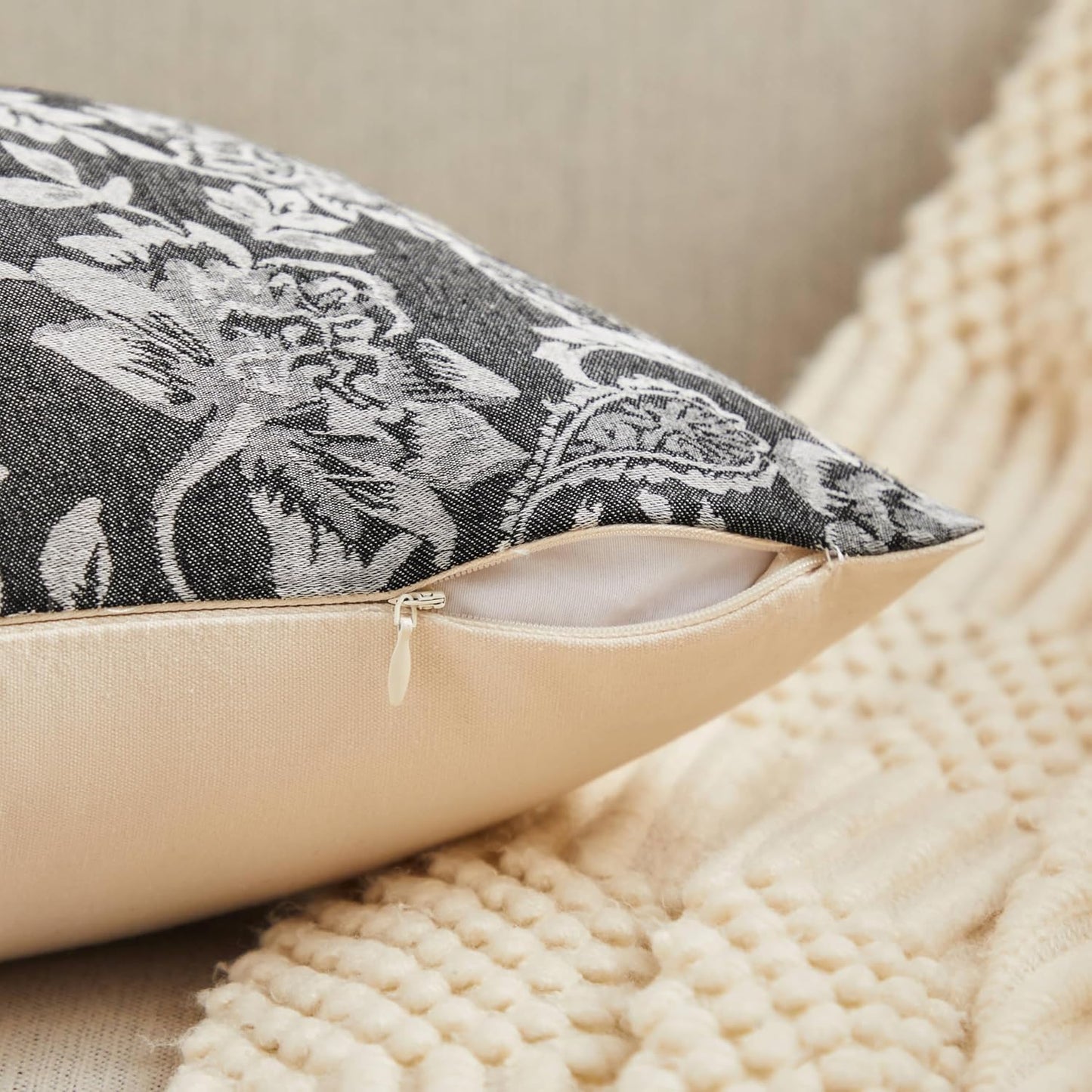 Floral Jacquard Throw Pillow Covers Set of 2, Background/Charcoal 18x18 Inch, Farmhouse Decorative Cotton Dark Grey Cushion Covers for Sofa Bed Living Room Home Decor