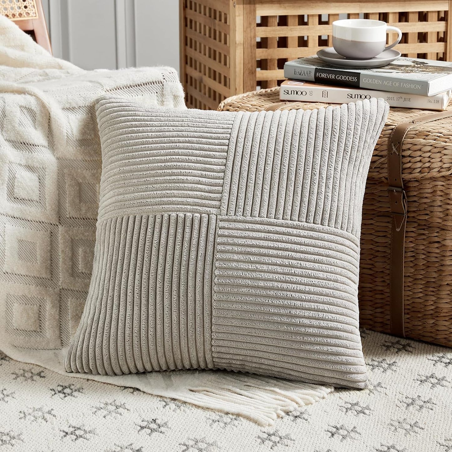 Fancy Homi 2 Packs Neutral Grey Decorative Throw Pillow Covers 18x18 Inch for Living Room Couch Sofa, Rustic Farmhouse Boho Home Decor, Soft Corss Corduroy Patchwork Textured Square Cushion Case 45cm