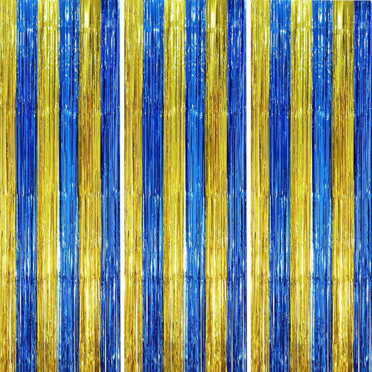 3 Pack 3.3 x 8.2 ft Blue Gold Foil Fringe Backdrop Curtains, Tinsel Streamers Party Decorations, Fringe Backdrop, Door Shimmer for Father's Day Graduation or Birthday Party