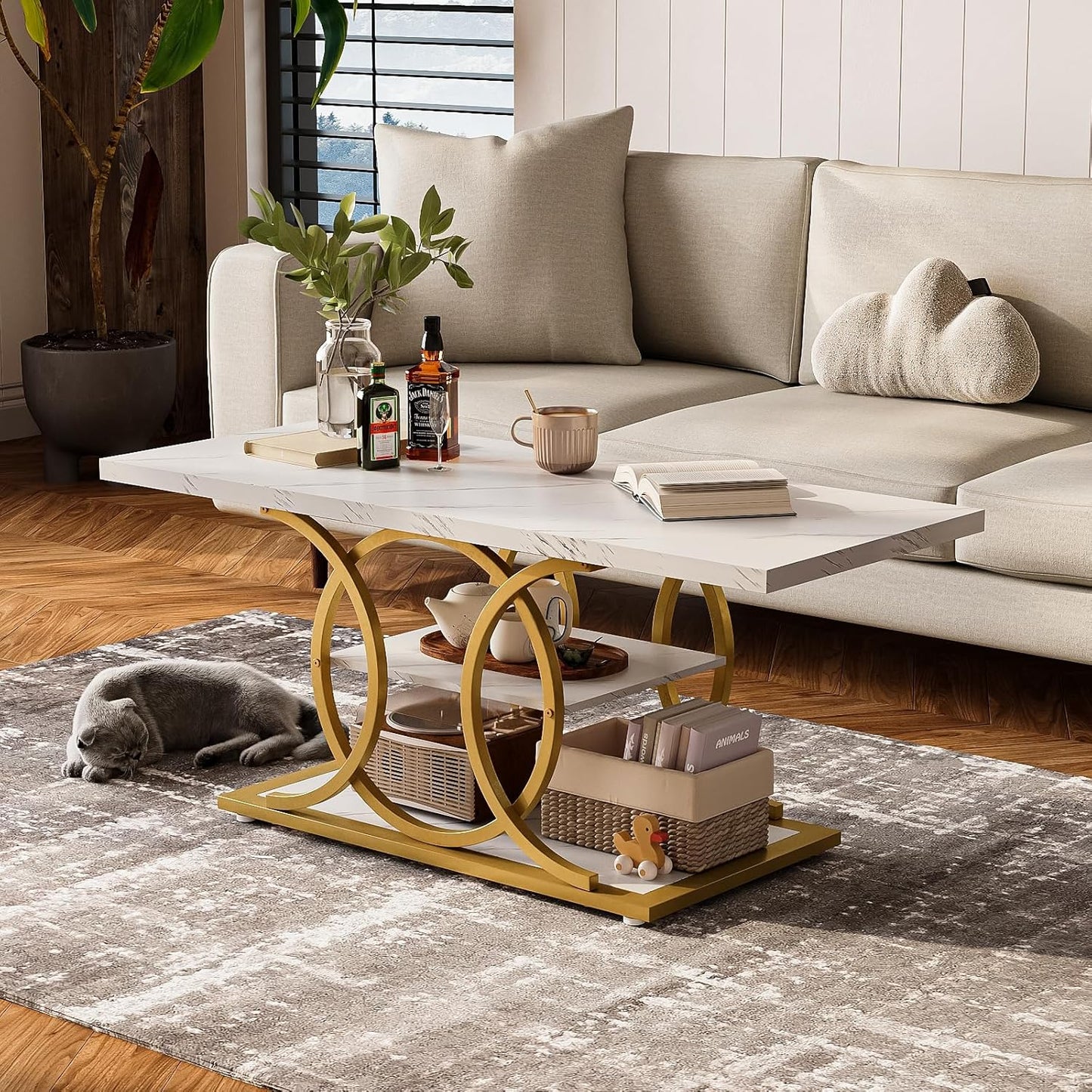 GiftGo Rustic Coffee Table with Storage Modern 3 Tier Center Living Room Table Faux Marble Wooden Rectangle Cocktail Tea Table for Office Bedroom Elegant Full Moon Design (White Gold, L-47)