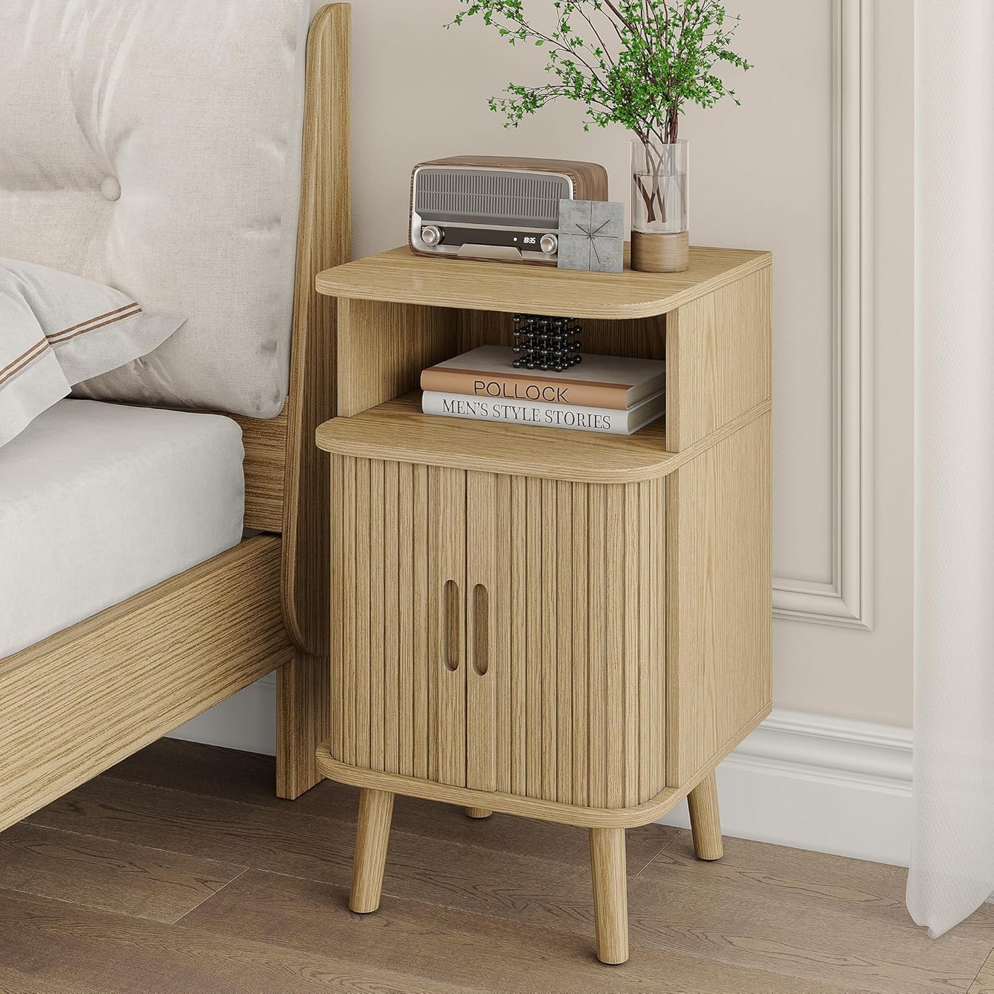 Alohappy Mid Century Modern End Table, Fluted Wood Nightstand with Sliding Tambour Door, Curved Round Edge Side Table with Storage Cabinet for Bedroom, Living Room, Natural Oak