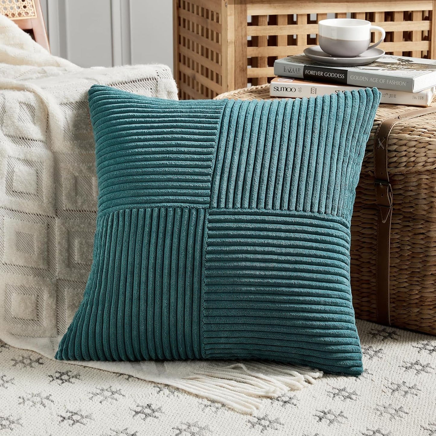 Fancy Homi 2 Packs Teal Decorative Throw Pillow Covers 22x22 Inch for Living Room Couch Bed Sofa, Rustic Farmhouse Boho Home Decor, Soft Corss Corduroy Patchwork Accent Square Cushion Case 55x55 cm