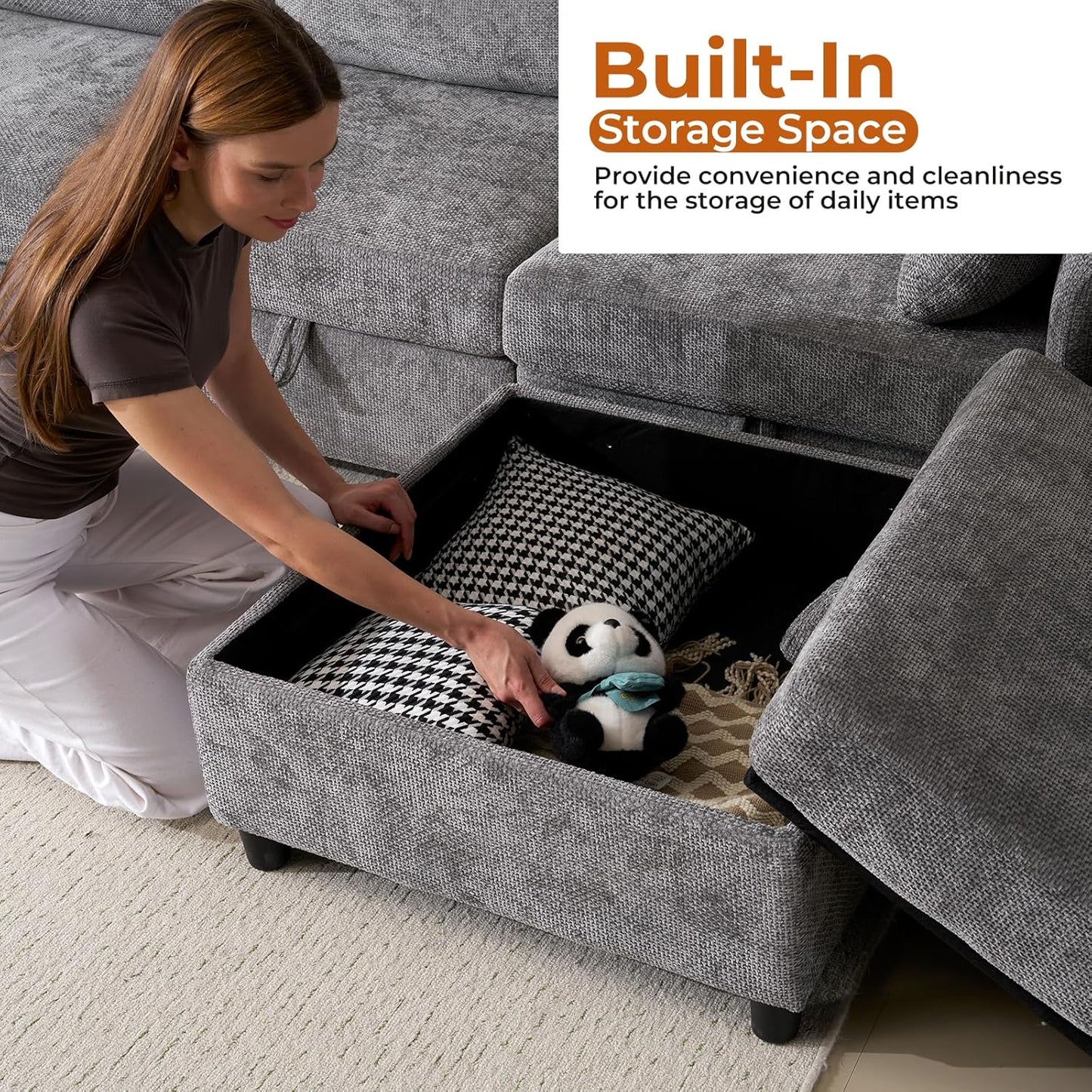 103''U Shaped Modular Sectional Sofa, Comfy Cloud Sectional Couch with Storage Ottoman, Chenille Deep Seat Modern Modular Sofa with 2 Throw Pillows for Living Room,Grey