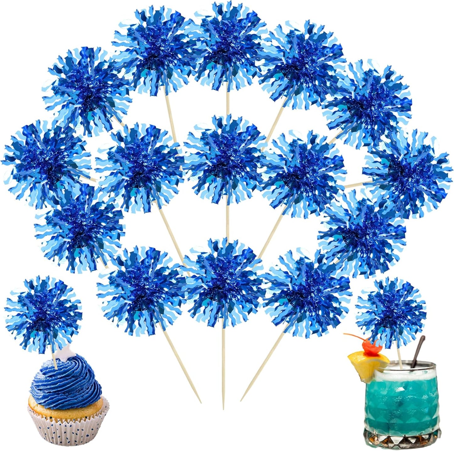 Ephlyn 30Pcs Foil Firework Cupcake Toppers Blue Tinsel Flower Drink Stirrers Cocktail Food Fruit Cake Toppers for Valentine's Day Party Decorations Blue