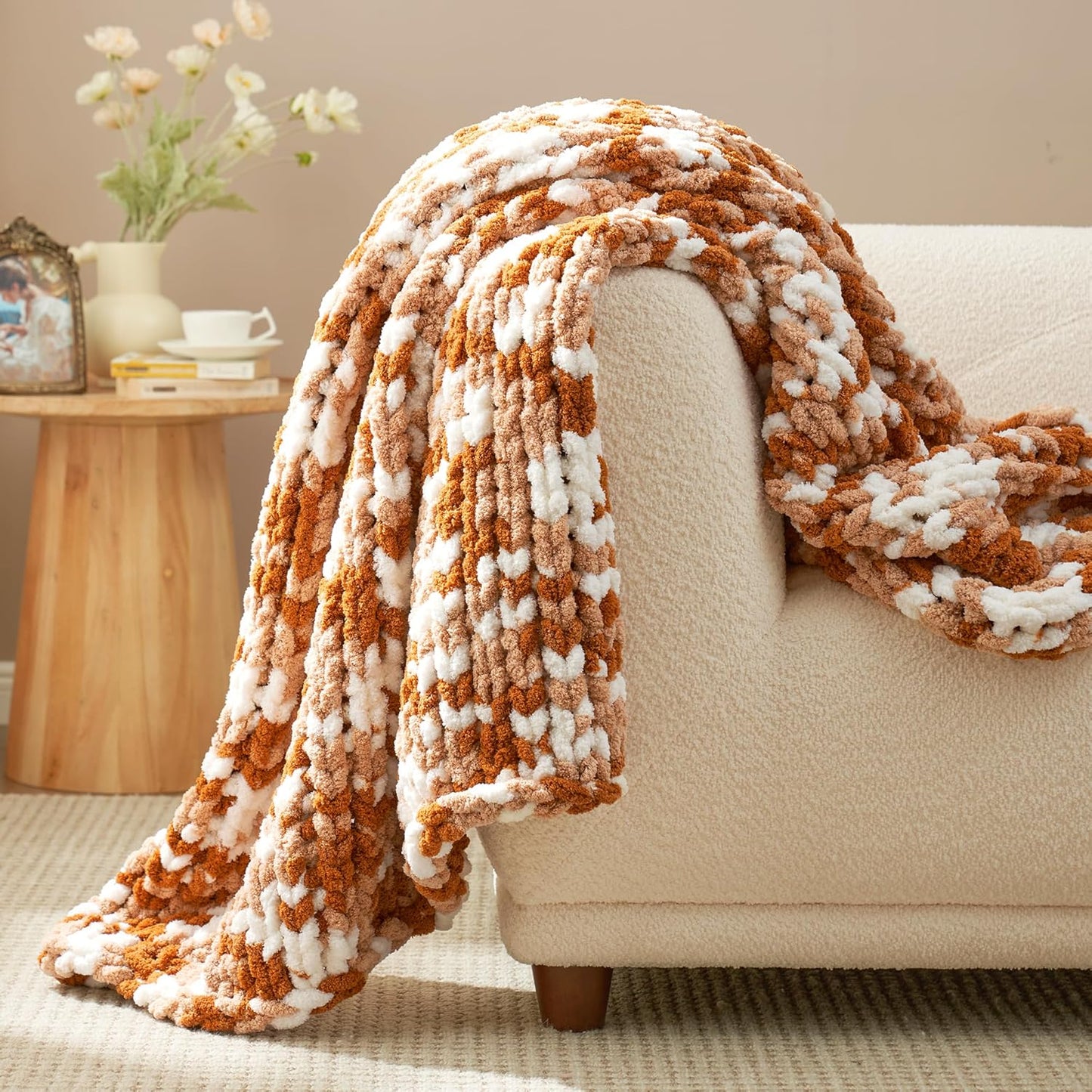 Amélie Home Chunky Knit Throw Blanket for Couch, Soft Chenille Crochet Blanket for Sofa, 50"x60", Space-Dyed Burnt Orange