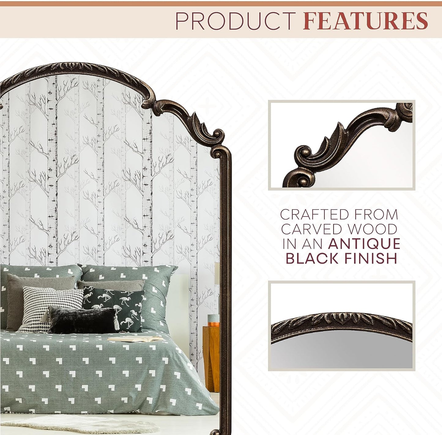 English Estate Carved Arch Wood Wall Mirror, Mirror for Entryway, Living Room, Bathroom, Antique Black, 22x30