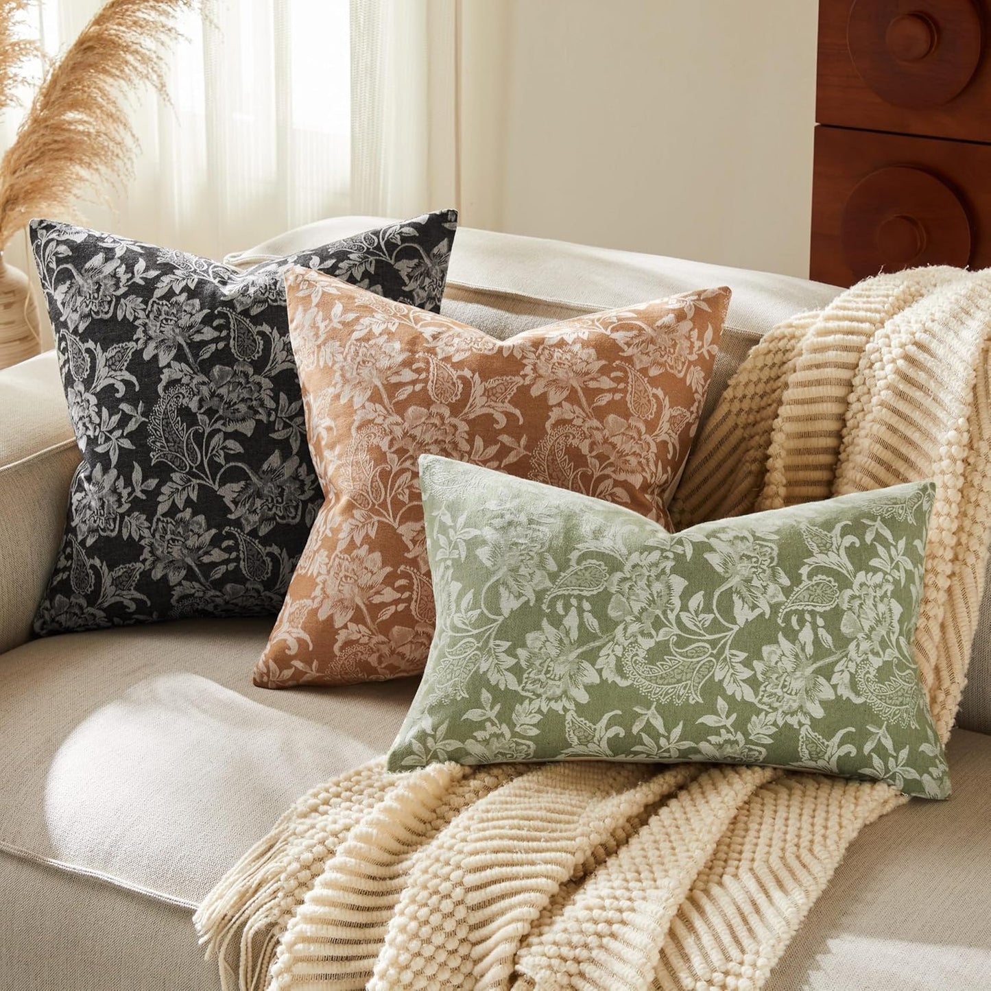 Floral Jacquard Throw Pillow Covers Set of 2, Background/Caramal 24x24 Inch, Farmhouse Decorative Cotton Caramal Cushion Covers for Sofa Bed Living Room Home Decor