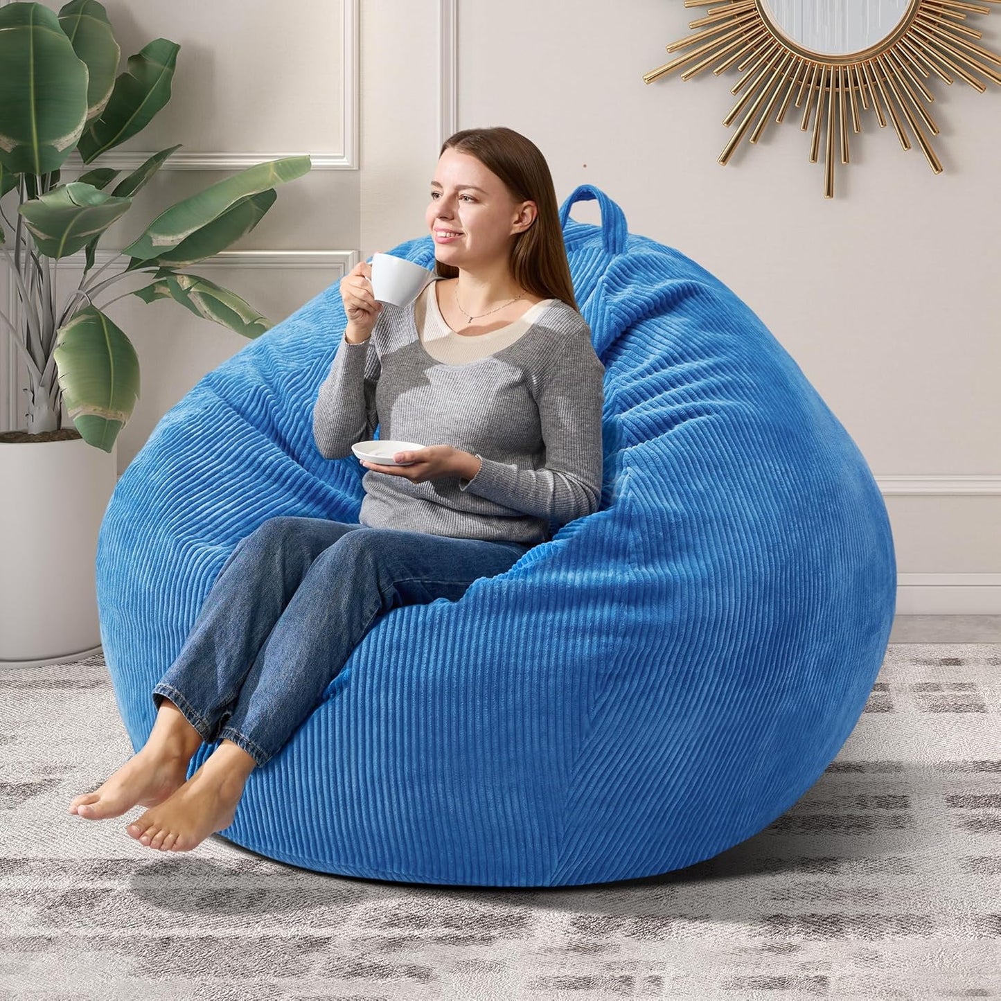 3.5FT Bean Bag Chairs Teardrop Bean Bag Chair for Adults Beanbag Chair with Memory Foam Filled Machine Washable Cover for Living Room, Bedroom (Large,Blue)