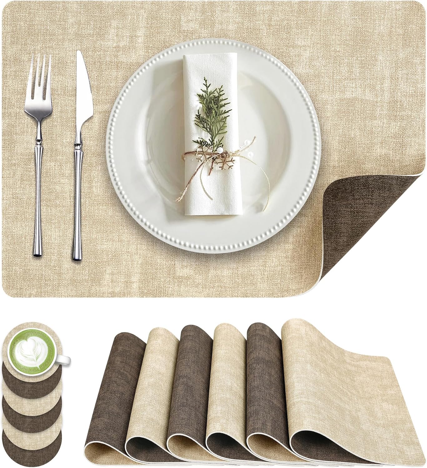 Faux Leather Dual Sided Placemats Set of 6, Square Non-Slip Heat Resistant Placemats with Coaster, Reversible wipeable Waterproof Table Mats for Kitchen, Dining, Outdoor (6, Beige Dark Coffee)