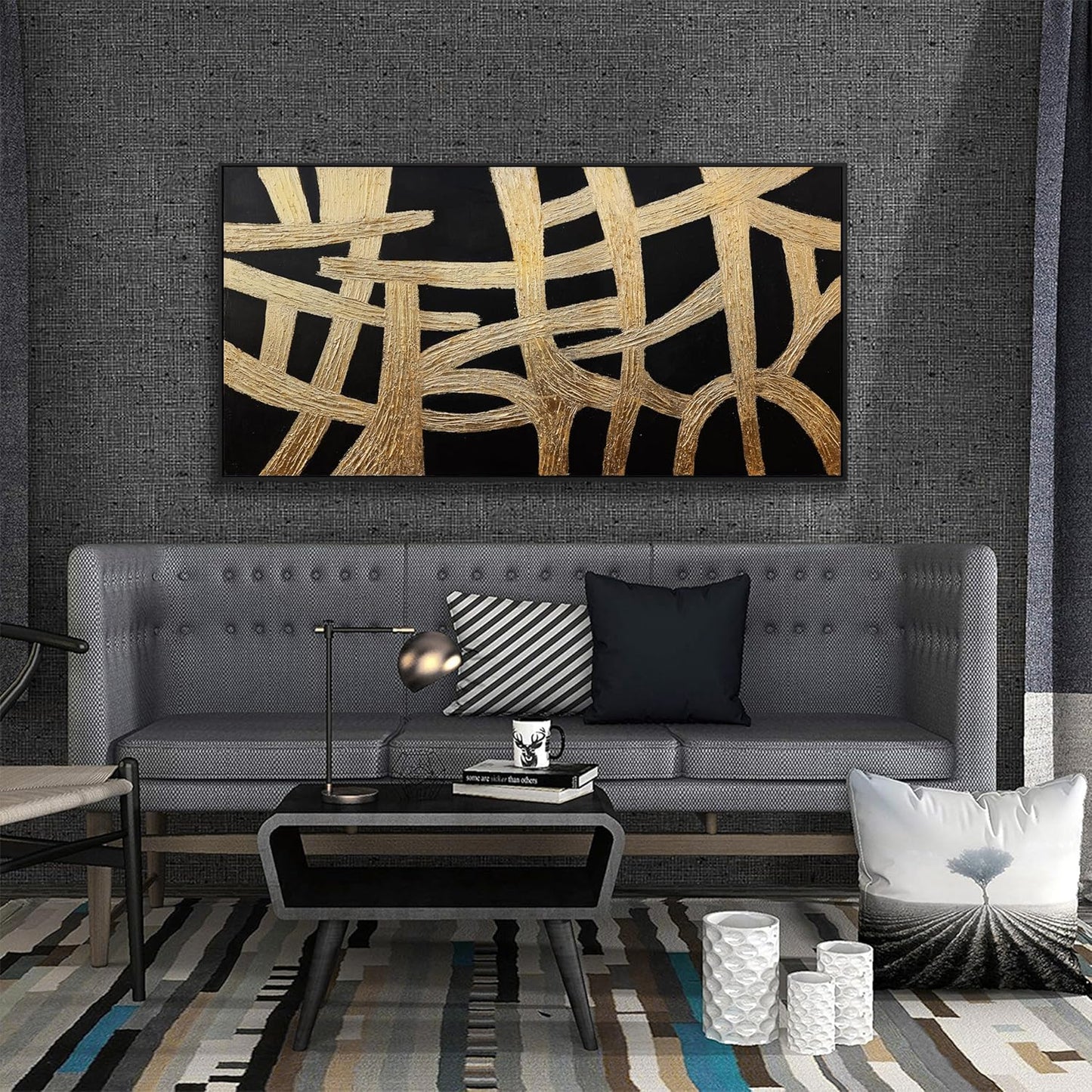 Abstract Canvas Wall Art Modern Artwork Canvas Prints Framed Canvas Picture Contemporary Wall Art Black And Gold Lines Texture Artwork Bedroom Living Room Office Decoration Ready To Hang 24x48