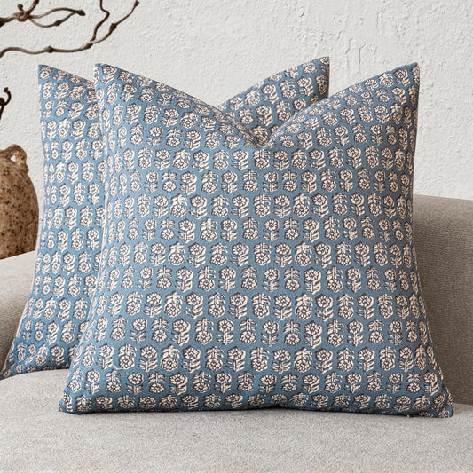 Foindtower Set of 2 Decorative Neutral Floral Print Throw Pillow Covers Vintage Accent Farmhouse Cushion Covers Boho Home Decor for Sofa Couch Chair Bedroom Living Room Outdoor,22×22 Inch,Dusty Blue