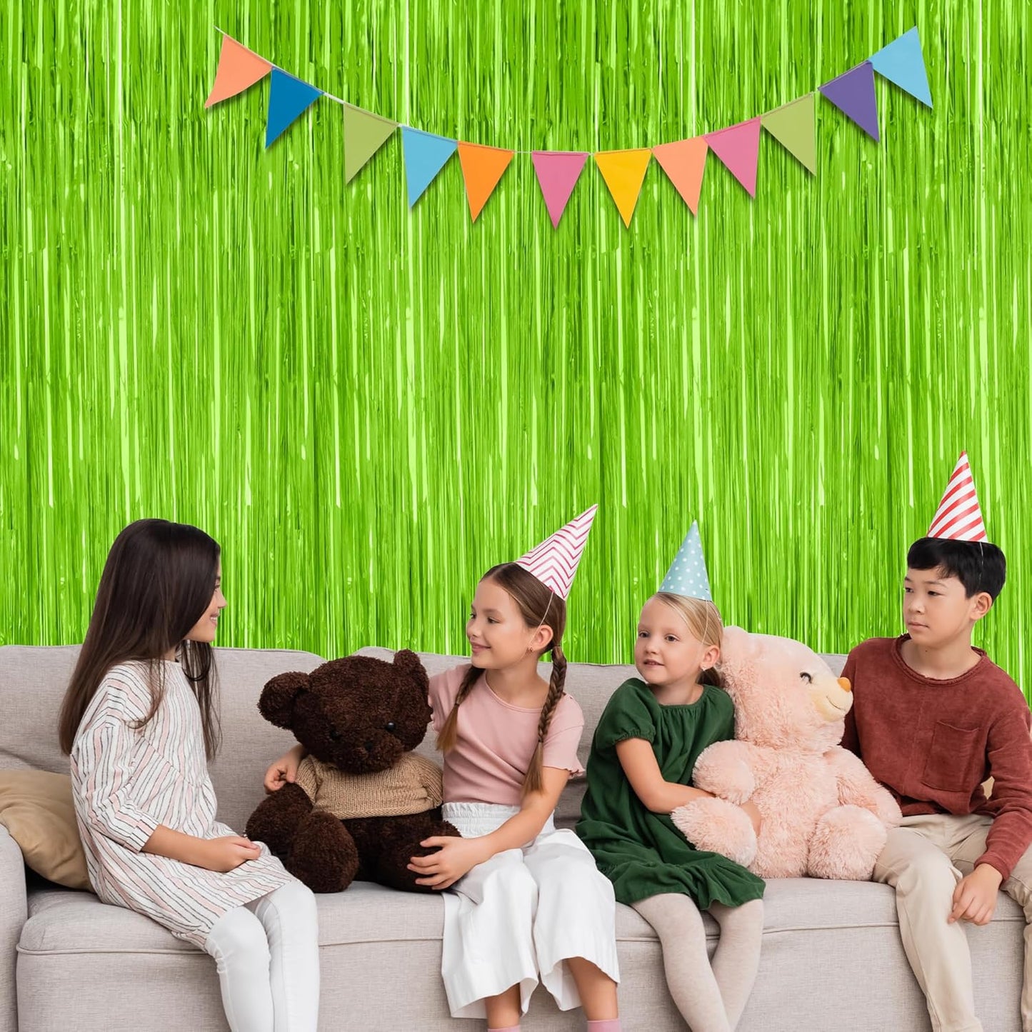 2 Pack Backdrop Curtains, 3.28 Feet x 7.05 Feet Grass Green Fringe Curtains, Metallic Tinsel Backdrop Foil Curtains Streamer, Party Supplies Party Decorations Photo Props