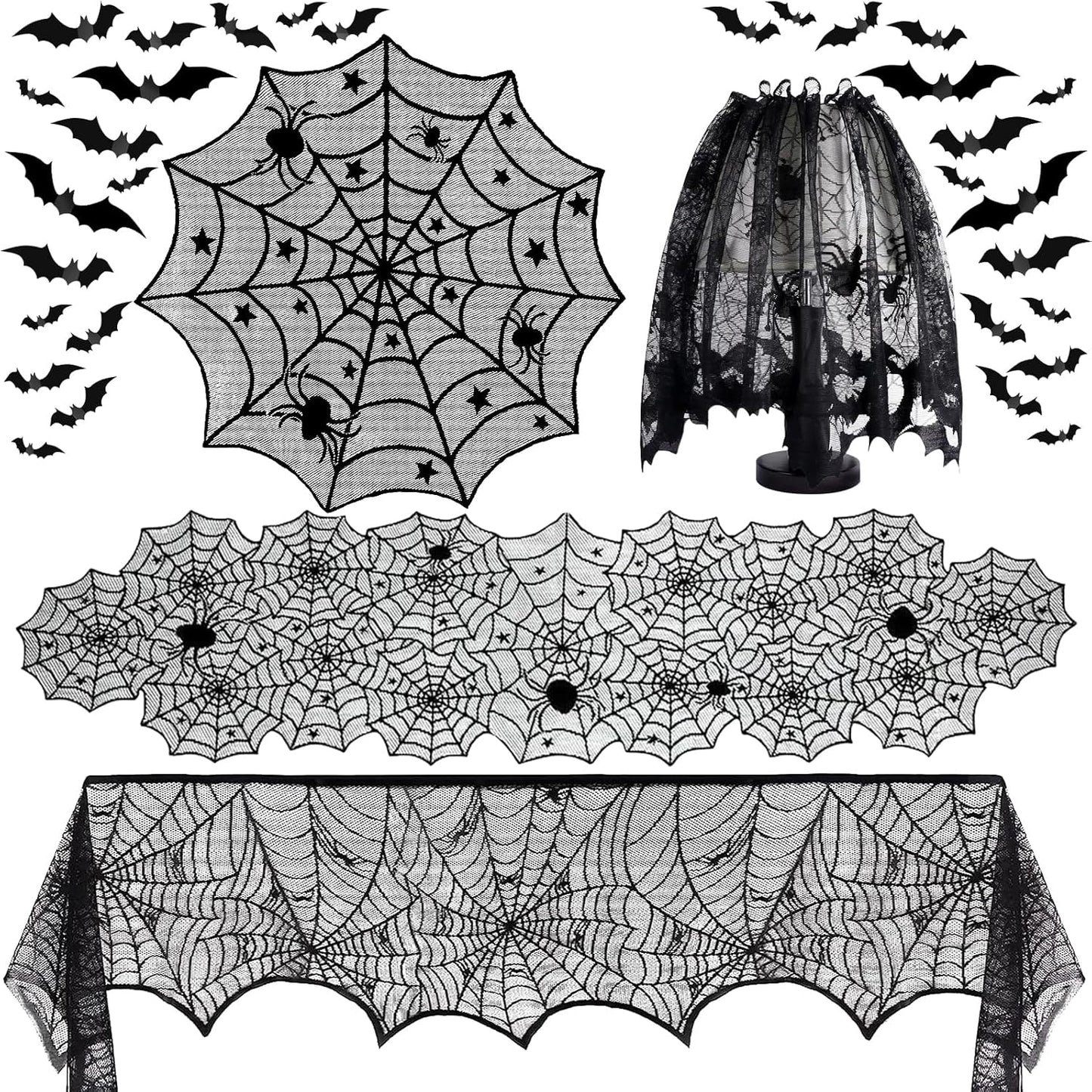 5Pack Halloween Decorations Indoor Halloween Decor Black Lace Table Runner Fireplace Mantel Scarf Round Tablecloth Cobweb Lampshade with 32 Pcs 3D Bat Wall Stickers
