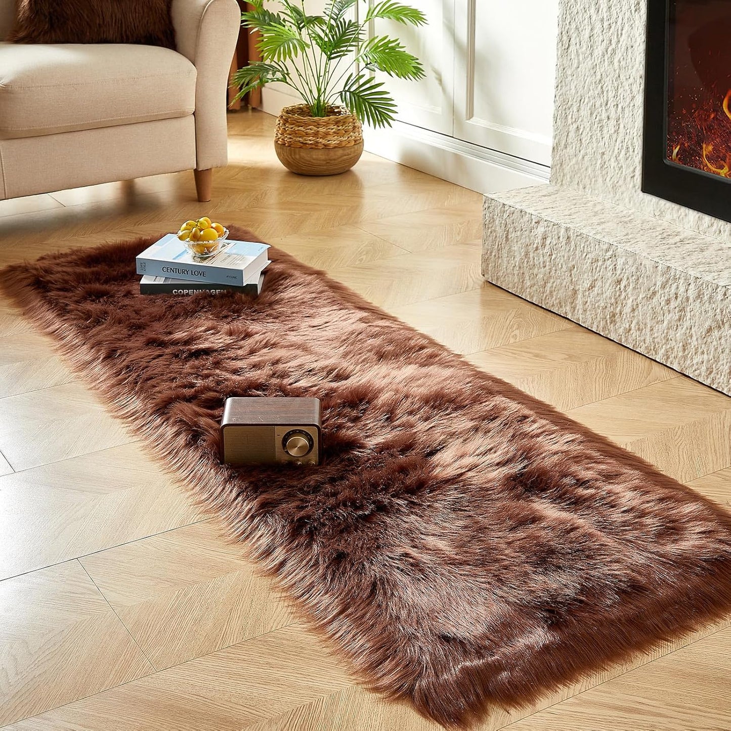 AMTOVO Faux Fur Rug, Coffee Ultra Soft Fluffy Shag Sheepskin Rug, 2 x 6 ft Runner Area Rugs for Bedroom Sofa Throw Cushion Room Decor, Rectangle
