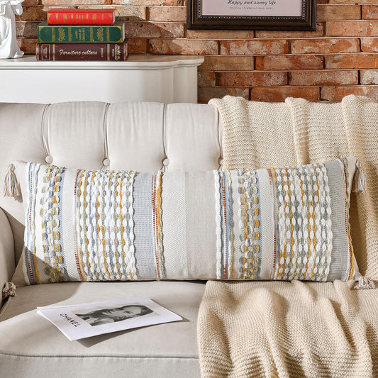 AmHoo Chenille Striped Textured Boho Throw Pillow Covers Aesthetic with Tassels Woven Decorative Pillow Case for Couch Bed Sofa Bedroom Modern Funky 14 x 36-Inch Grey