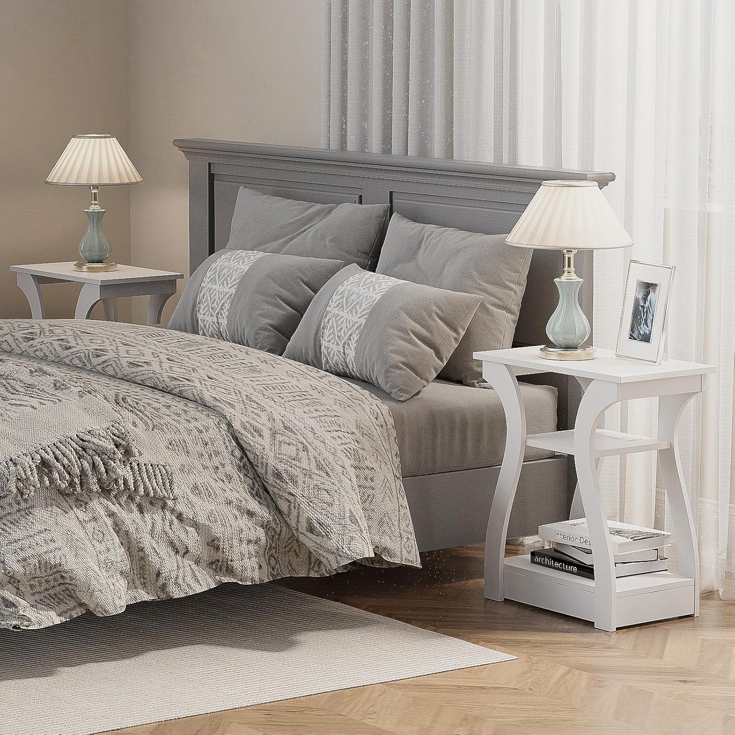 End Tables Living Room, White End Table with Charging Station,White Side Table, Nightstand for Bedroom, 3 Tier End Table with Storage Shelf for Living Room